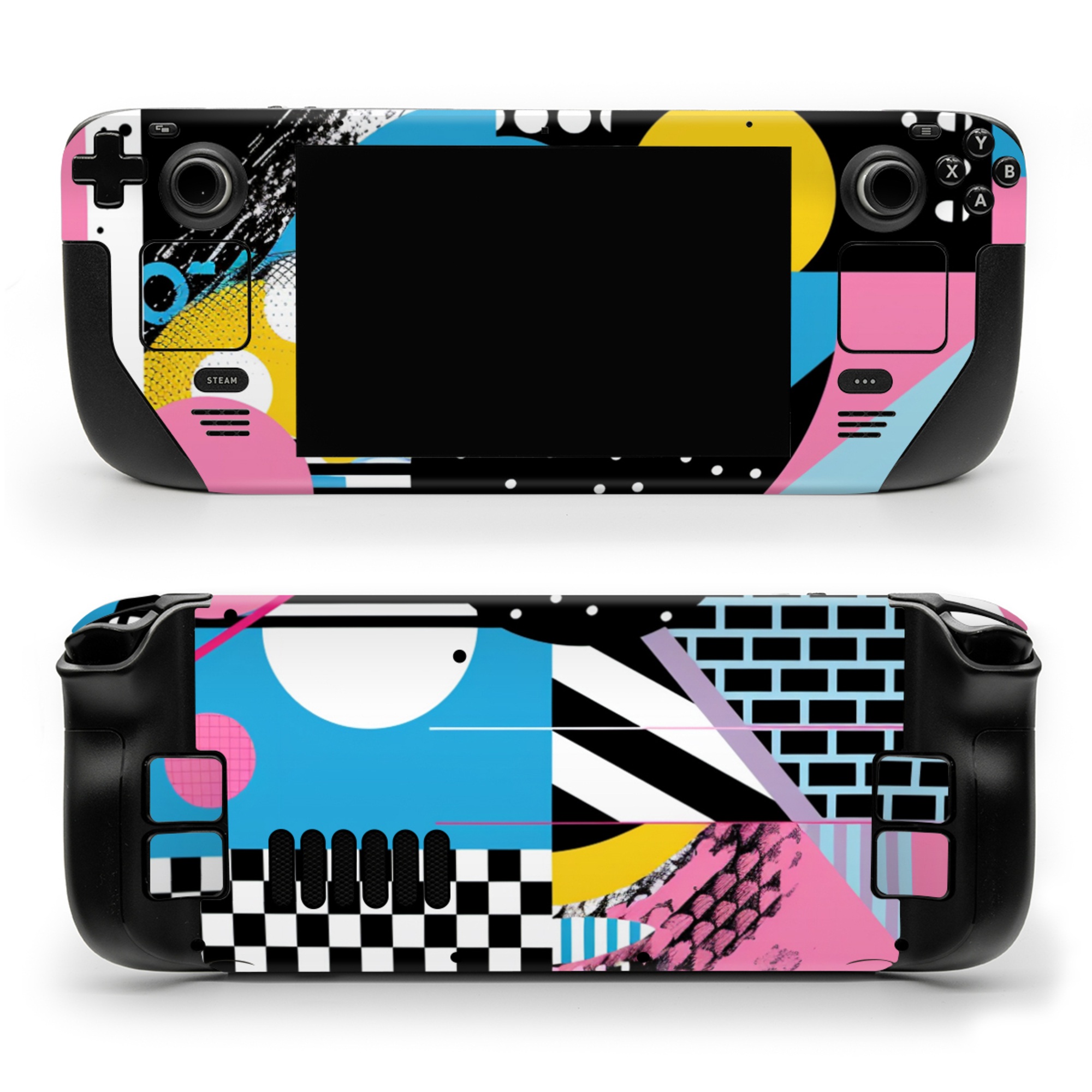 Valve Steam Deck Skin design of White, Yellow, Art, Font, Pattern, Circle, Design, Creative arts, Graphics, Electric blue, with blue, pink, white, black, yellow colors