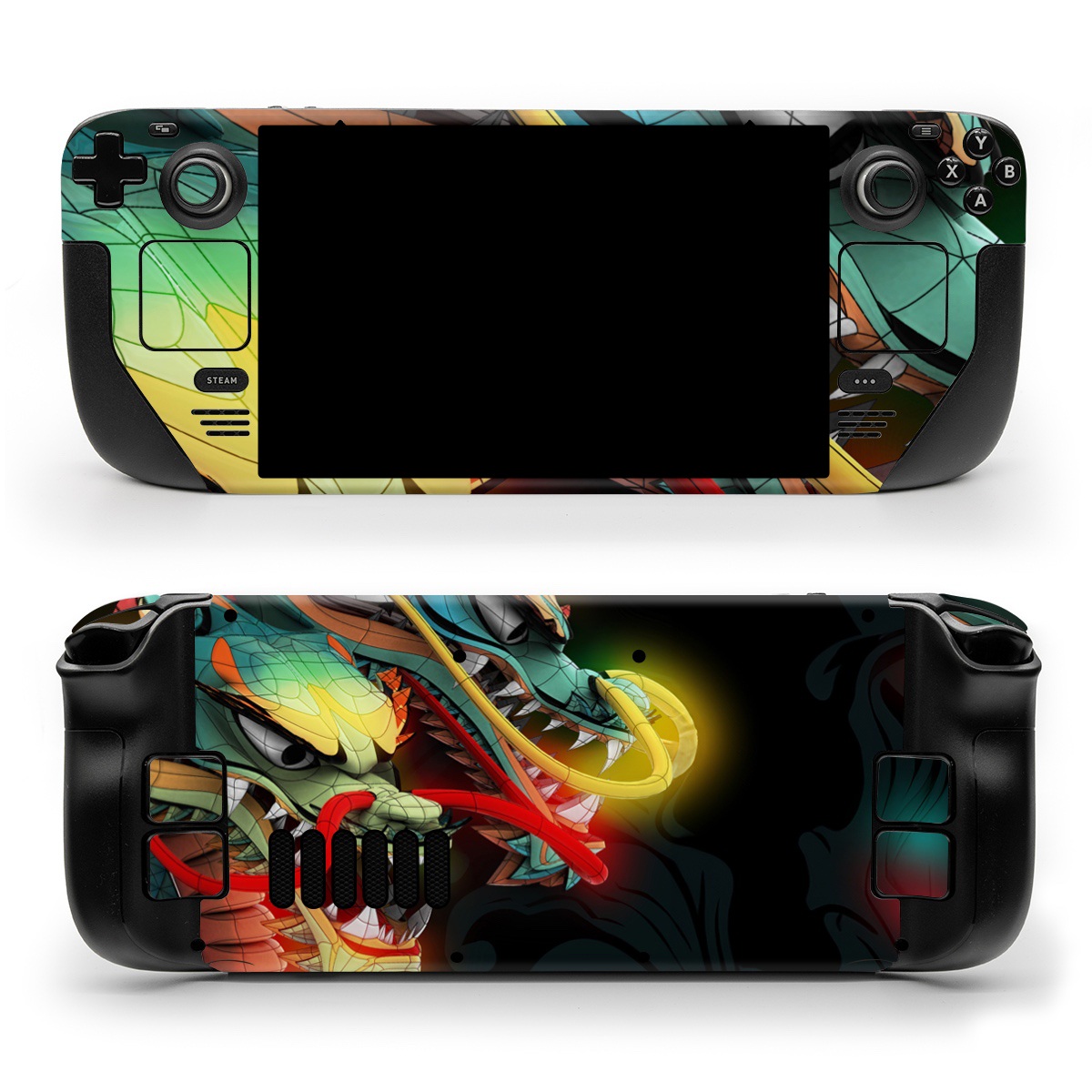 Valve Steam Deck Skin design of Dragon, Fictional character, Illustration, Art, Cg artwork, Fiction, Mythical creature, Graphics, with black, green, red, yellow, orange colors