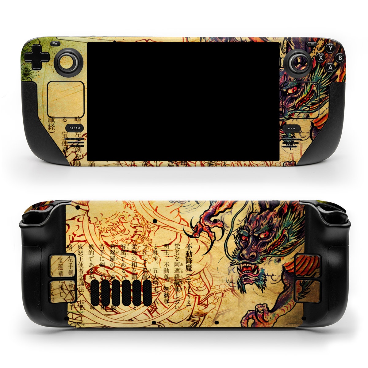 Valve Steam Deck Skin design of Illustration, Fictional character, Art, Demon, Drawing, Visual arts, Dragon, Supernatural creature, Mythical creature, Mythology, with black, green, red, gray, pink, orange colors