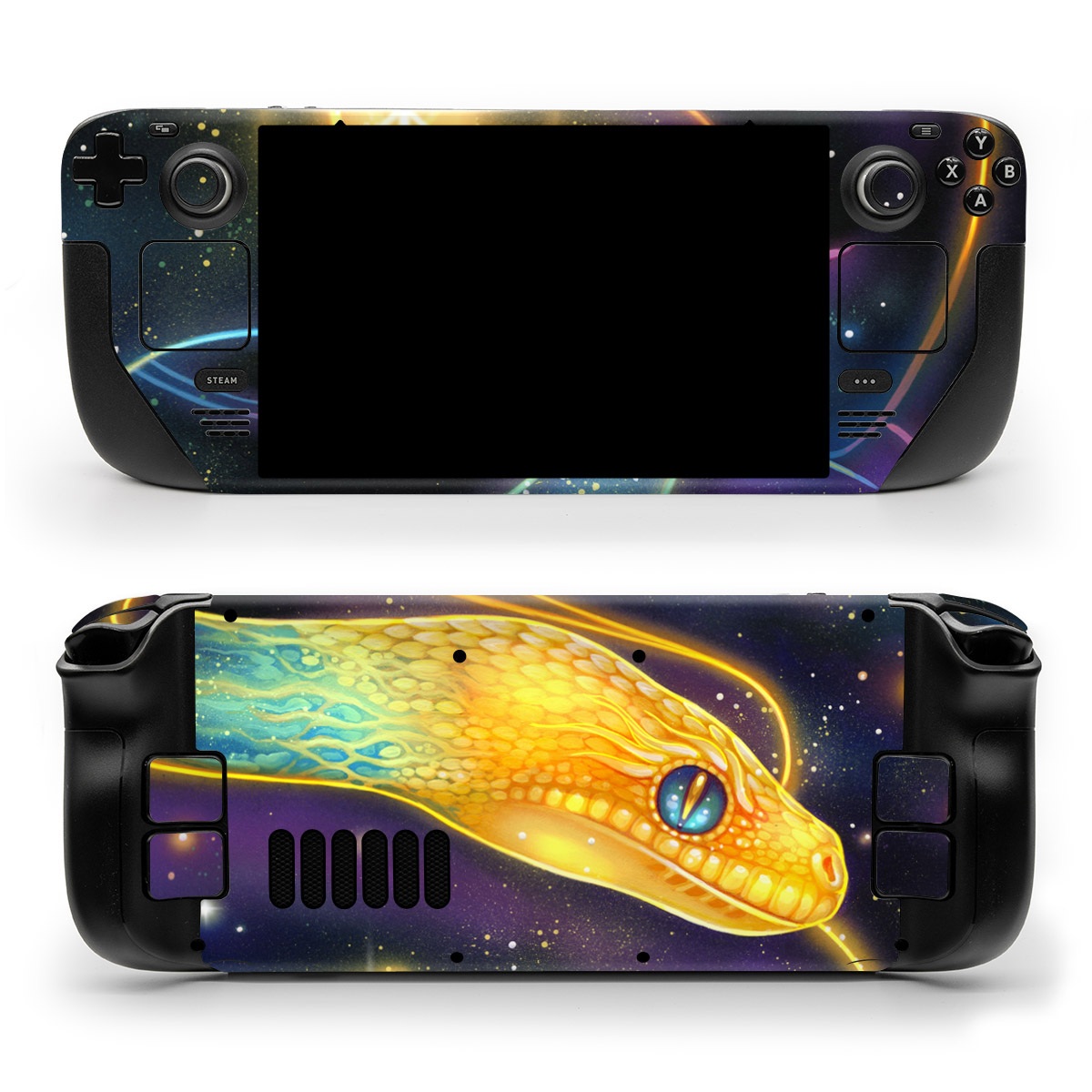 Valve Steam Deck Skin design of Atmosphere, Light, Organism, Art, Font, Astronomical object, Galaxy, Star, Science, Nebula, with black, white, yellow, orange, green, purple colors