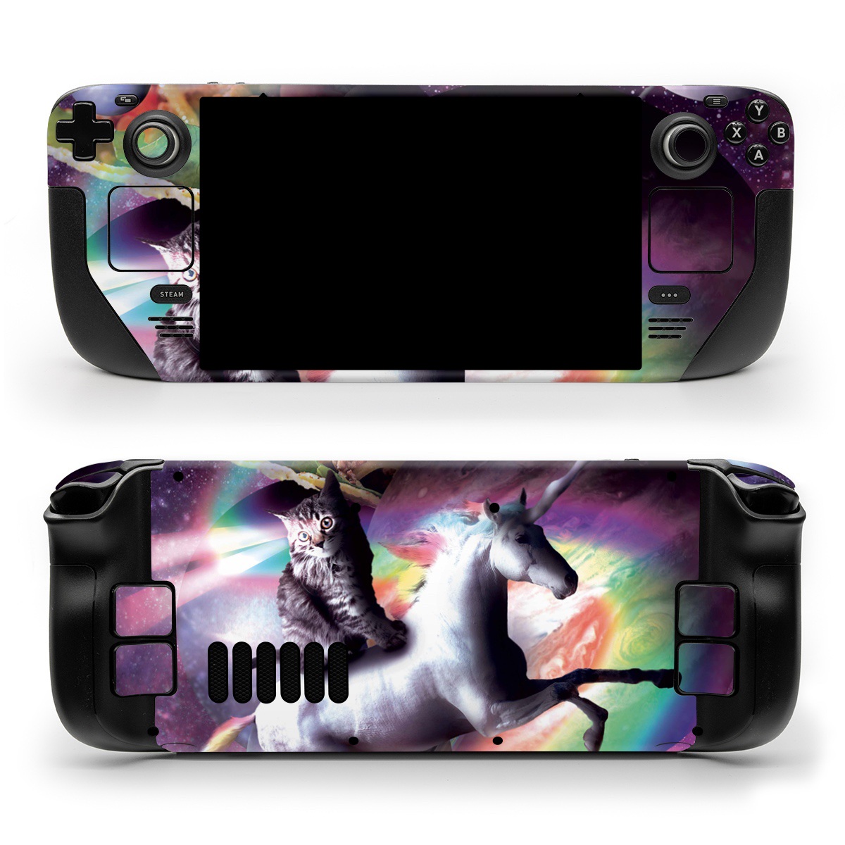 Valve Steam Deck Skin design of Illustration, Graphic design, Fictional character, Space, Sky, Astronomical object, Universe, Outer space, Art, Unicorn, with black, white, gray, red, yellow, green, blue, orange colors