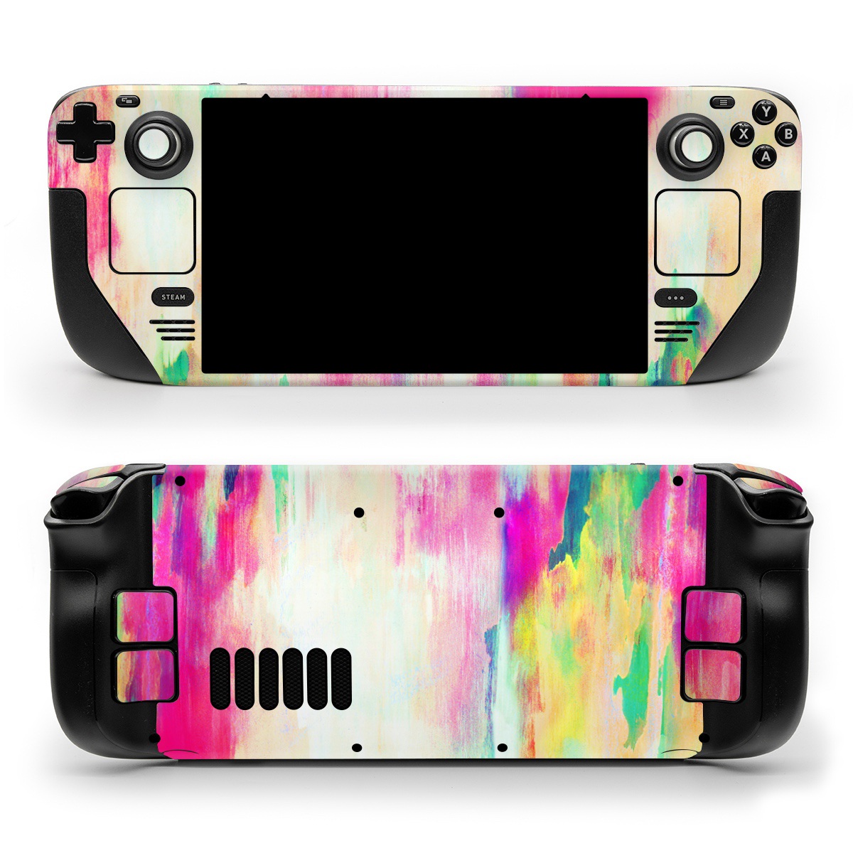 Valve Steam Deck Skin design of Pink, Magenta, Art, Watercolor paint, Dye, Visual arts, Pattern, Modern art, Painting, Acrylic paint, with red, white, green colors