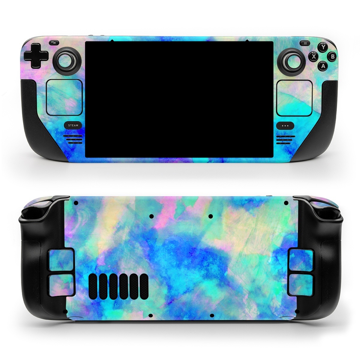 Valve Steam Deck Skin design of Blue, Turquoise, Aqua, Pattern, Dye, Design, Sky, Electric blue, Art, Watercolor paint, with blue, purple colors