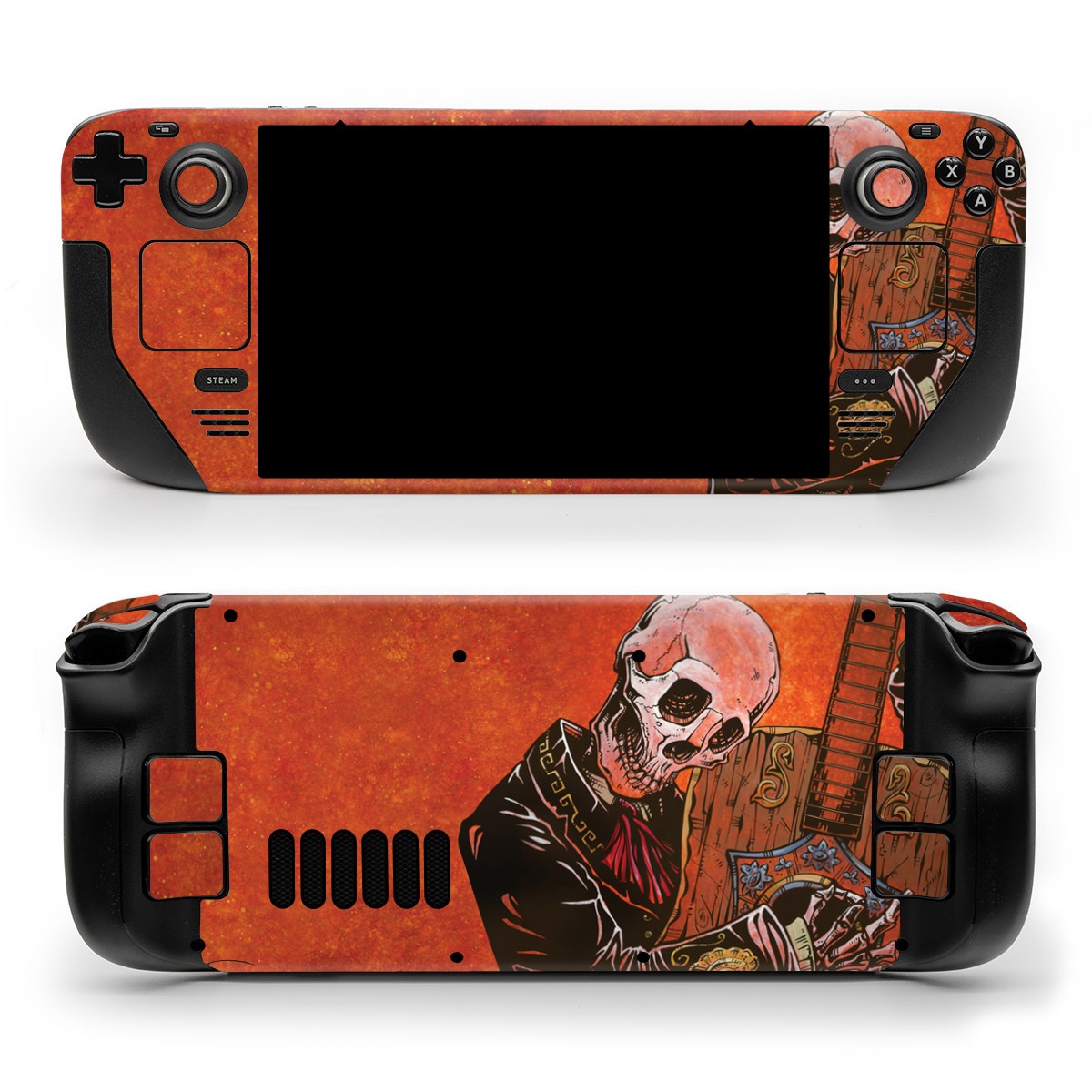 Valve Steam Deck Skin design of Sleeve, Art, Painting, Personal protective equipment, Artist, Music, Font, Visual arts, Drawing, Skull, with white, black, gray, brown, orange, yellow, red colors