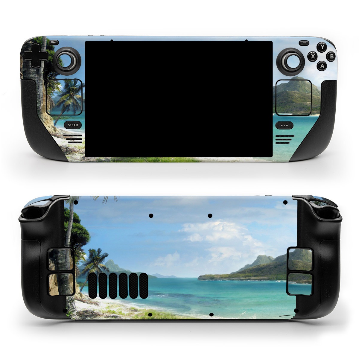 Valve Steam Deck Skin design of Body of water, Tropics, Nature, Natural landscape, Shore, Coast, Caribbean, Sea, Tree, Beach, with gray, black, blue, green colors