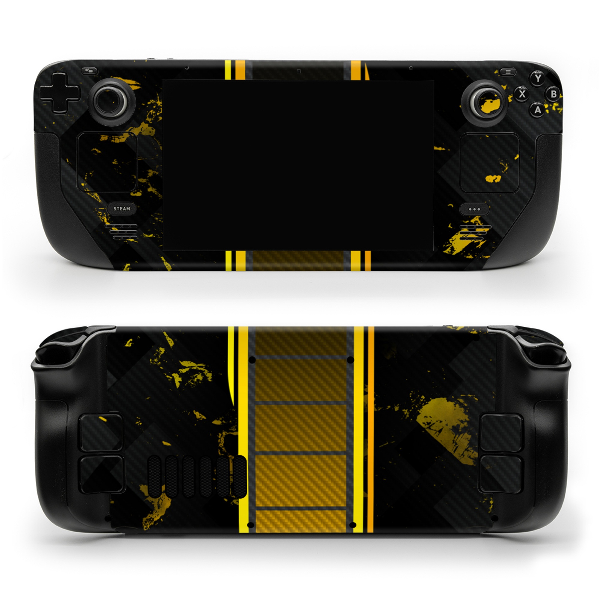 Valve Steam Deck Skin design of Yellow, Plant, Font, Symmetry, Terrestrial plant, Tower block, Parallel, Pattern, Tints and shades, Rectangle, with black, yellow, gray, orange colors