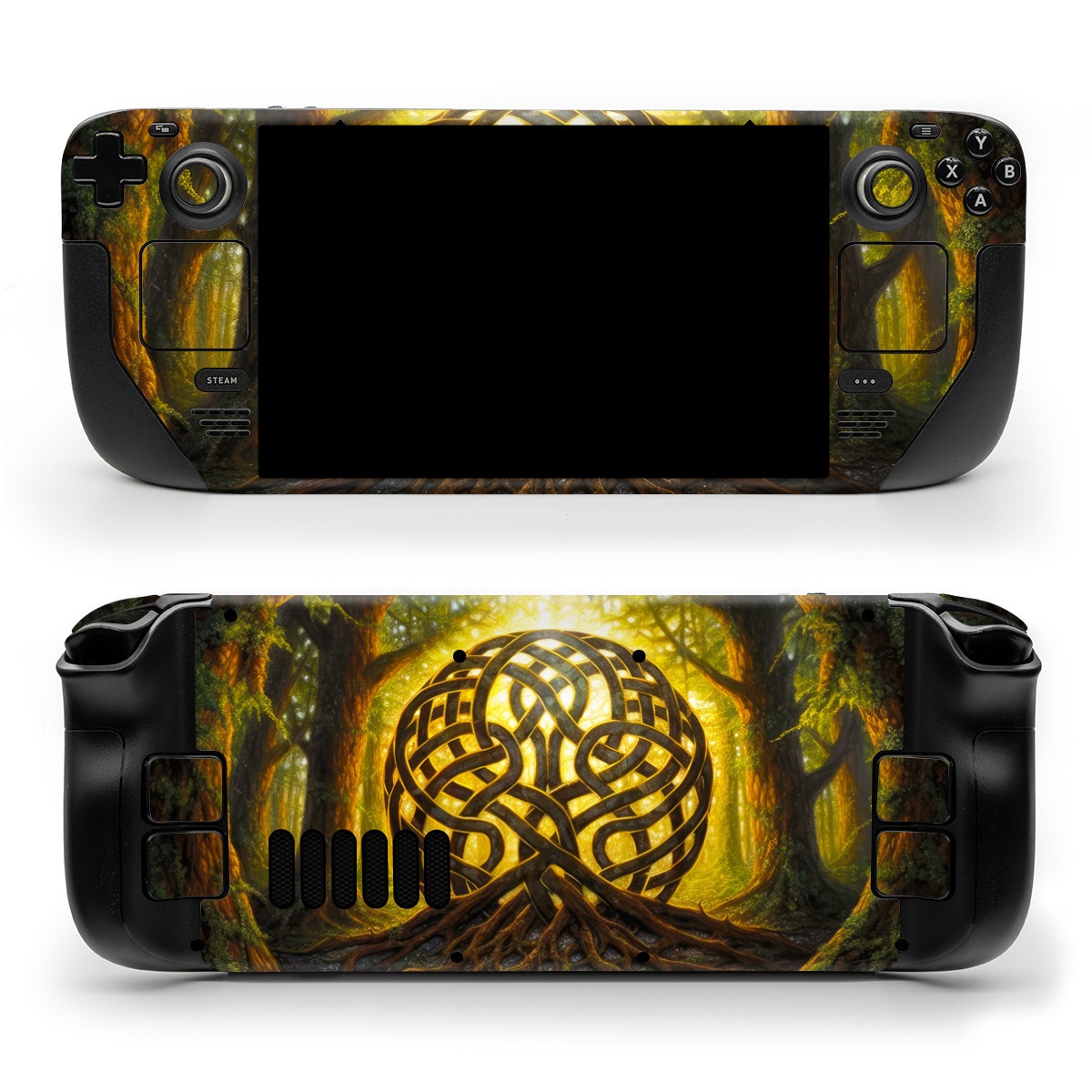 Valve Steam Deck Skin design of Art, Pattern, Circle, Symmetry, Tints and shades, Visual arts, Design, Electric blue, Graphics, Font, with green, brown, black, gray, yellow, orange, white colors