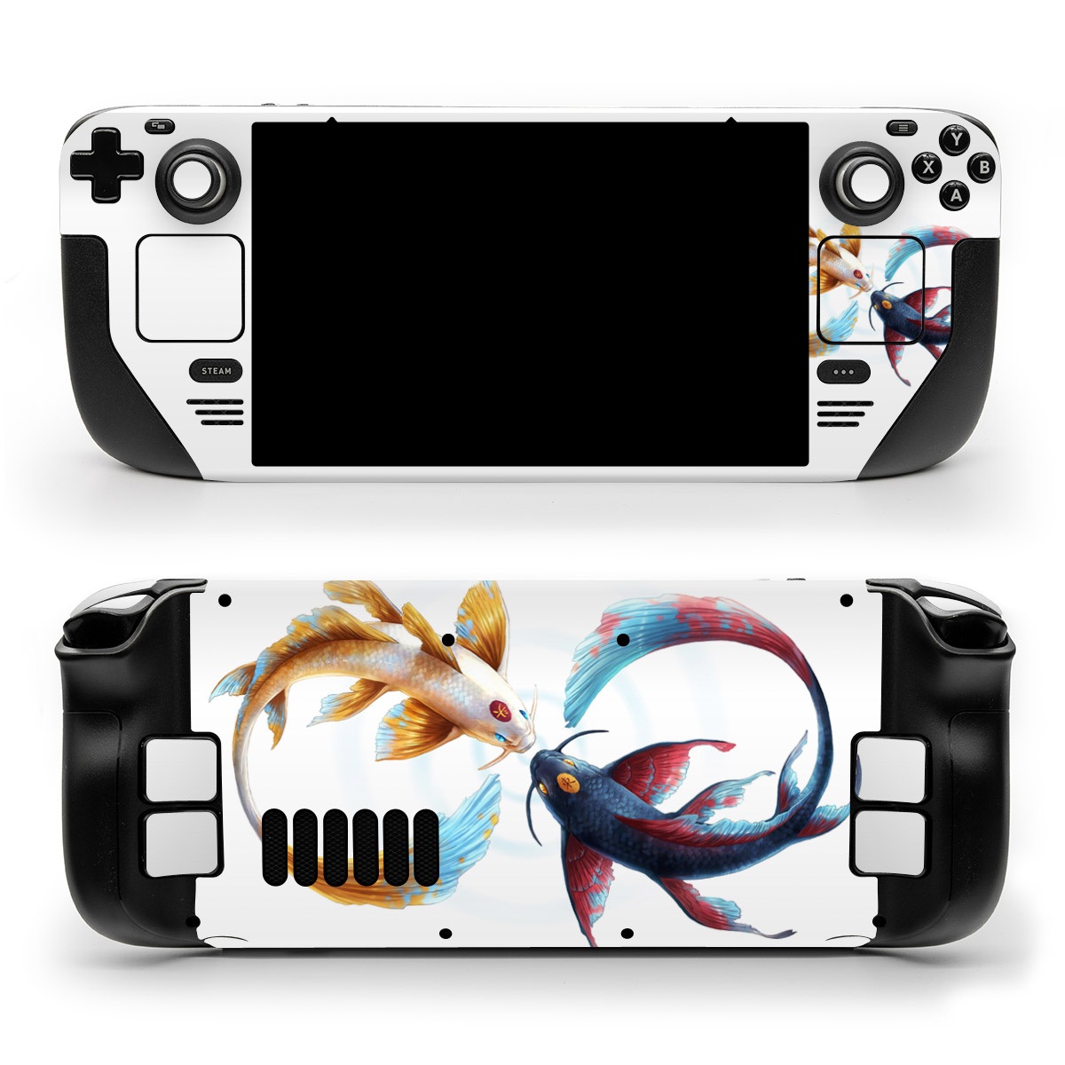 Valve Steam Deck Skin design of Marine invertebrates, Art, Wing, Feather, Tree, Beak, Electric blue, Fish, Natural material, Painting, with white, black, yellow, orange, red, blue colors