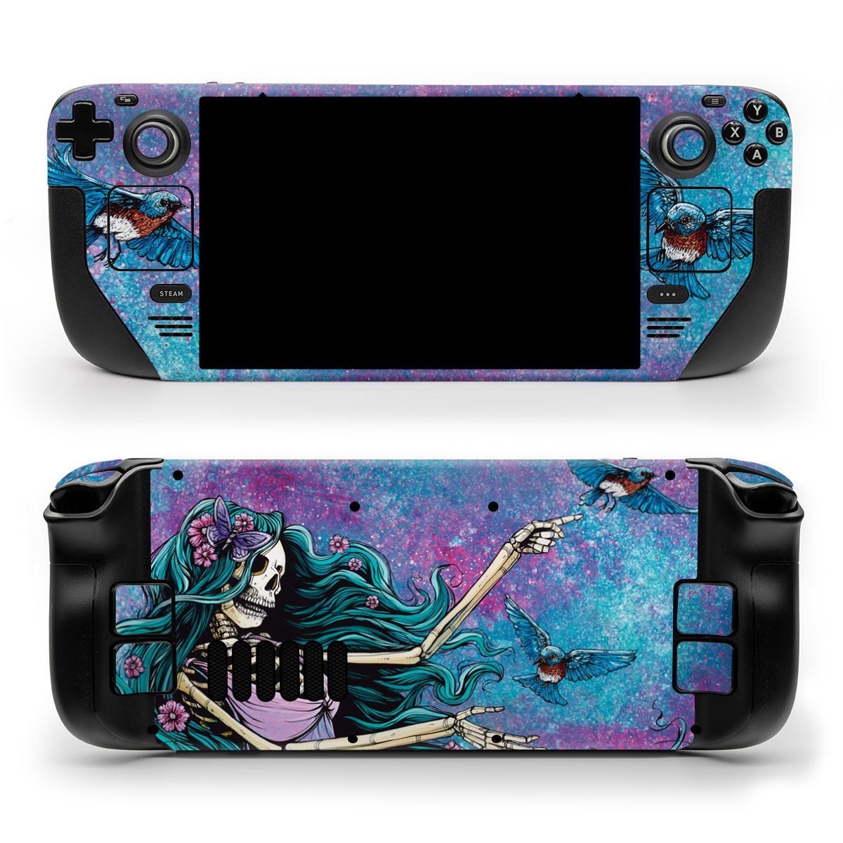 Valve Steam Deck Skin design of Green, Purple, Painting, Paint, Art, Cg artwork, Mythical creature, Musical instrument, Graffiti, Artist, with blue, purple, white, gray, brown colors