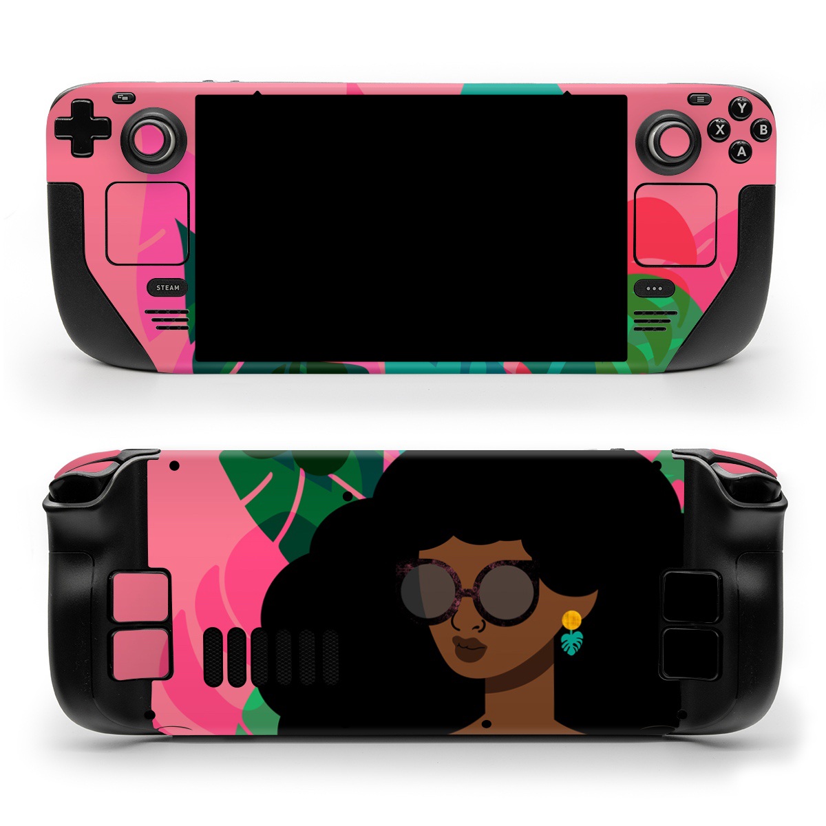 Valve Steam Deck Skin design of Illustration, Afro, Art, Eyewear, Glasses, Graphic design, Visual arts, Graphics, Fictional character, with brown, black, green, pink, blue, yellow colors