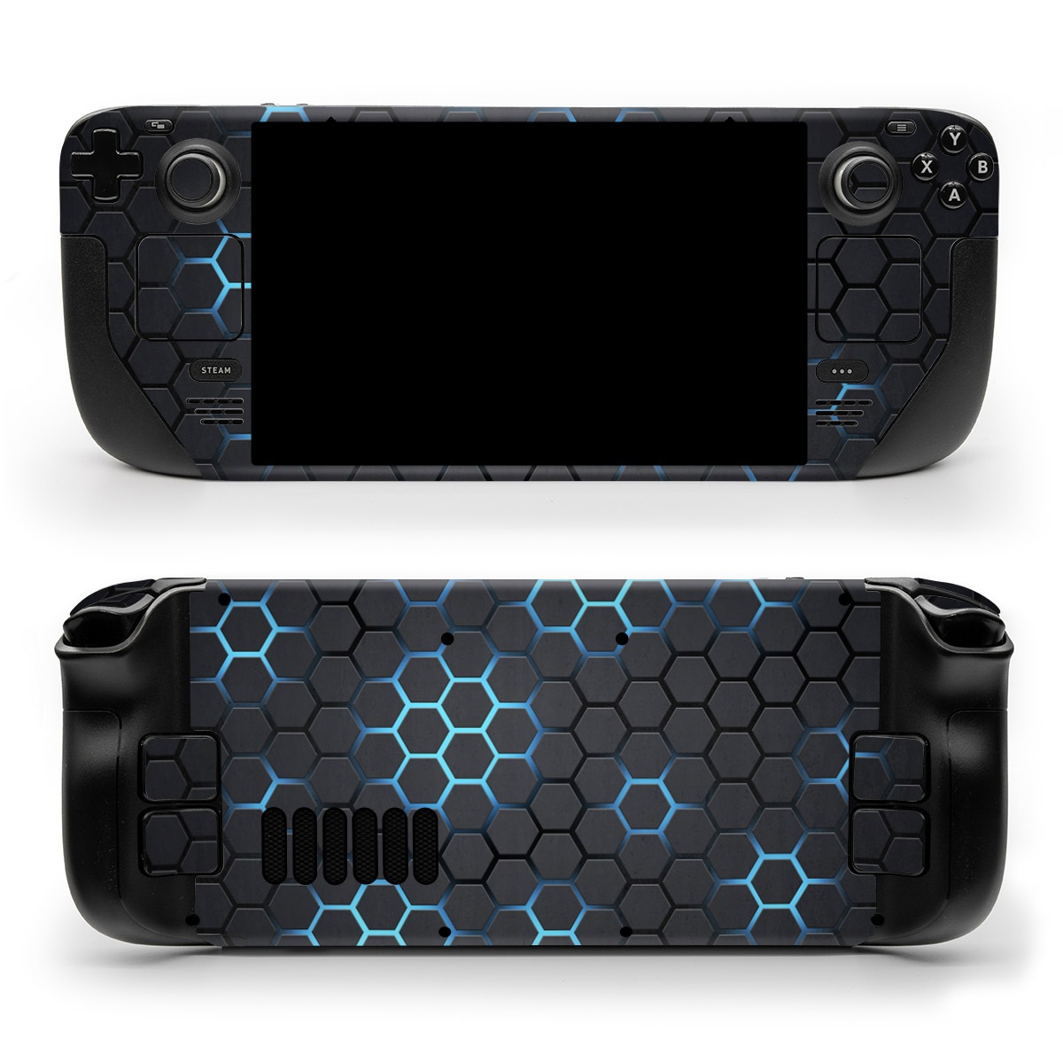 Valve Steam Deck Skin design of Pattern, Water, Design, Circle, Metal, Mesh, Sphere, Symmetry, with black, gray, blue colors