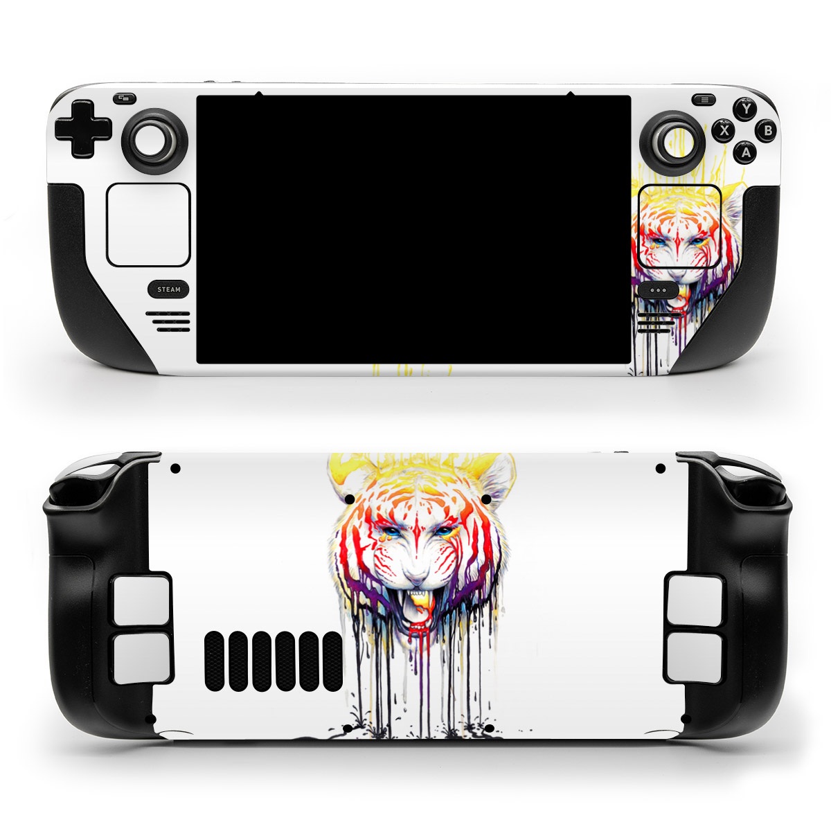 Valve Steam Deck Skin design of Jaw, Roar, Organism, Gesture, Art, Font, Felidae, Painting, Illustration, Drawing, with white, black, yellow, red, orange, purple colors