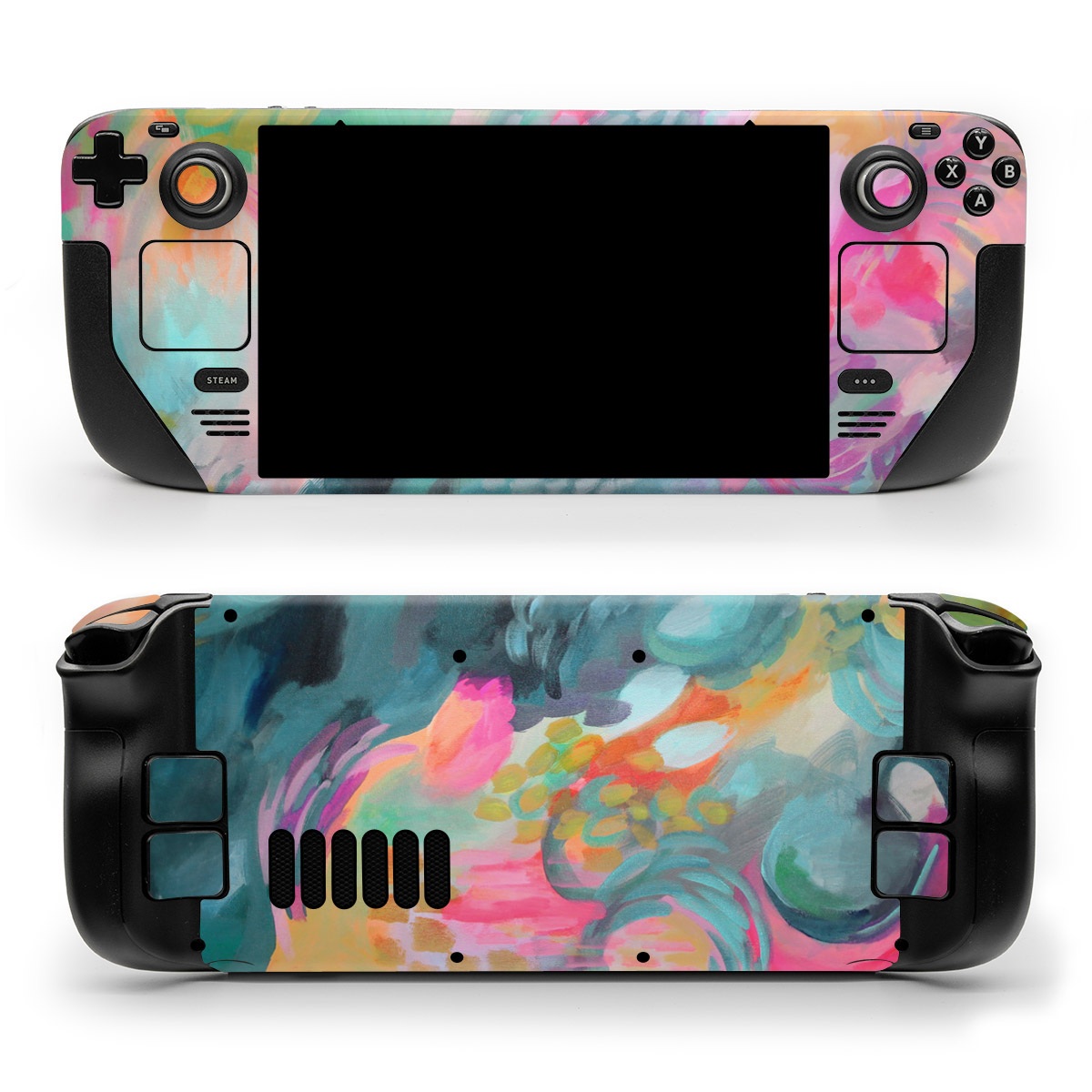 Valve Steam Deck Skin design of Painting, Acrylic paint, Modern art, Art, Pink, Visual arts, Watercolor paint, Pattern, Illustration, Paint, with blue, pink, orange, yellow, green, purple colors