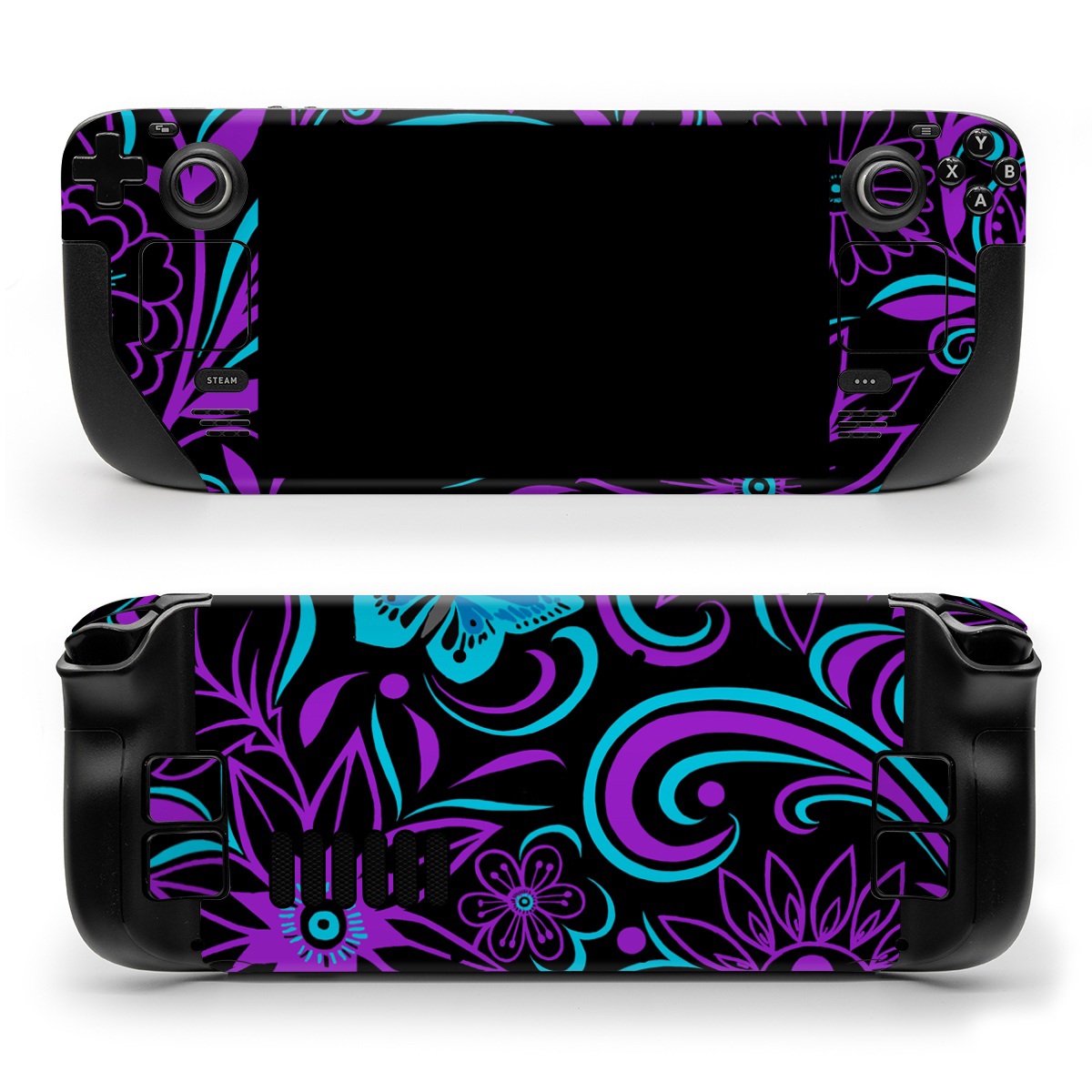Valve Steam Deck Skin design of Pattern, Purple, Violet, Turquoise, Teal, Design, Floral design, Visual arts, Magenta, Motif, with black, purple, blue colors