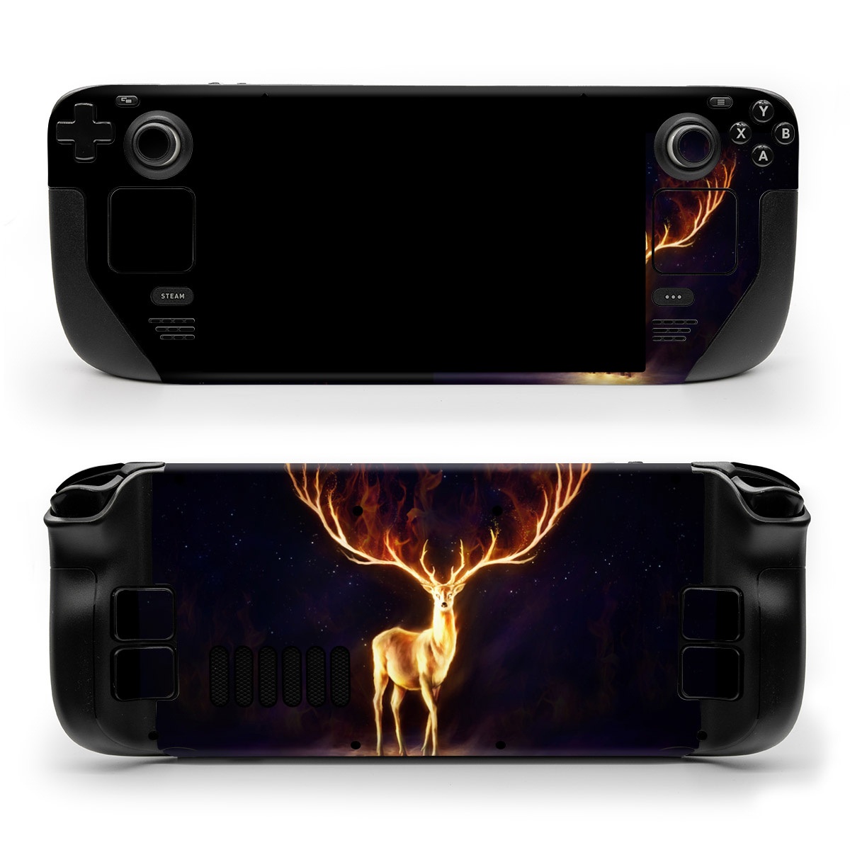 Valve Steam Deck Skin design of Plant, Tree, Organism, Entertainment, Fawn, Art, Heat, Performing arts, Landscape, Sky, with black, yellow, red, orange, purple colors