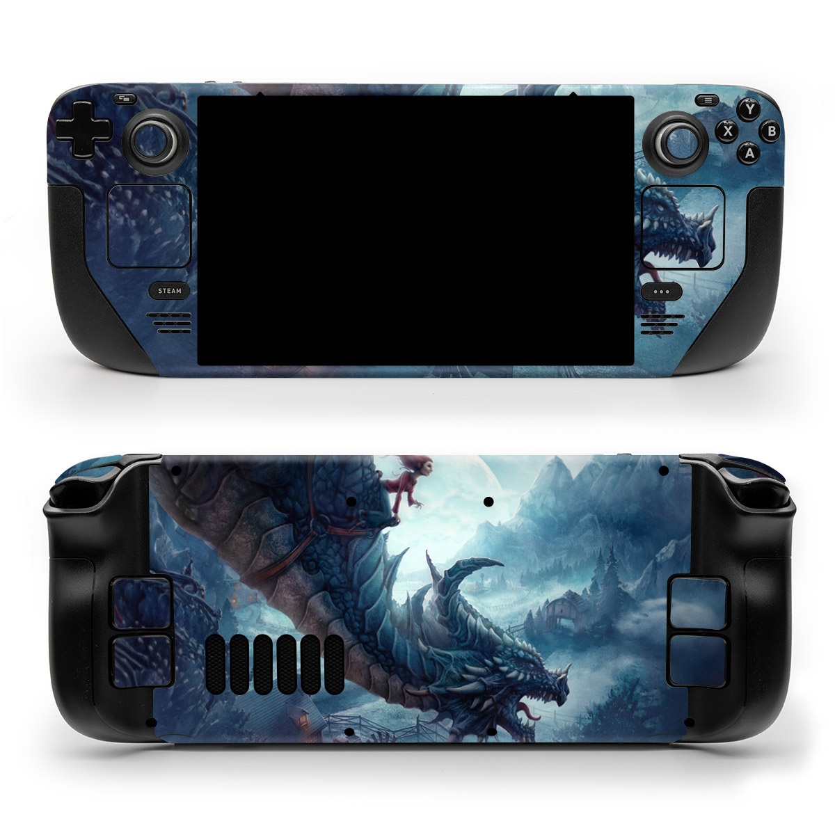 Valve Steam Deck Skin design of Dragon, Cg artwork, Illustration, Action-adventure game, Fictional character, Mythical creature, Mythology, Fiction, Cryptid, Extinction, with blue, white, brown, green colors