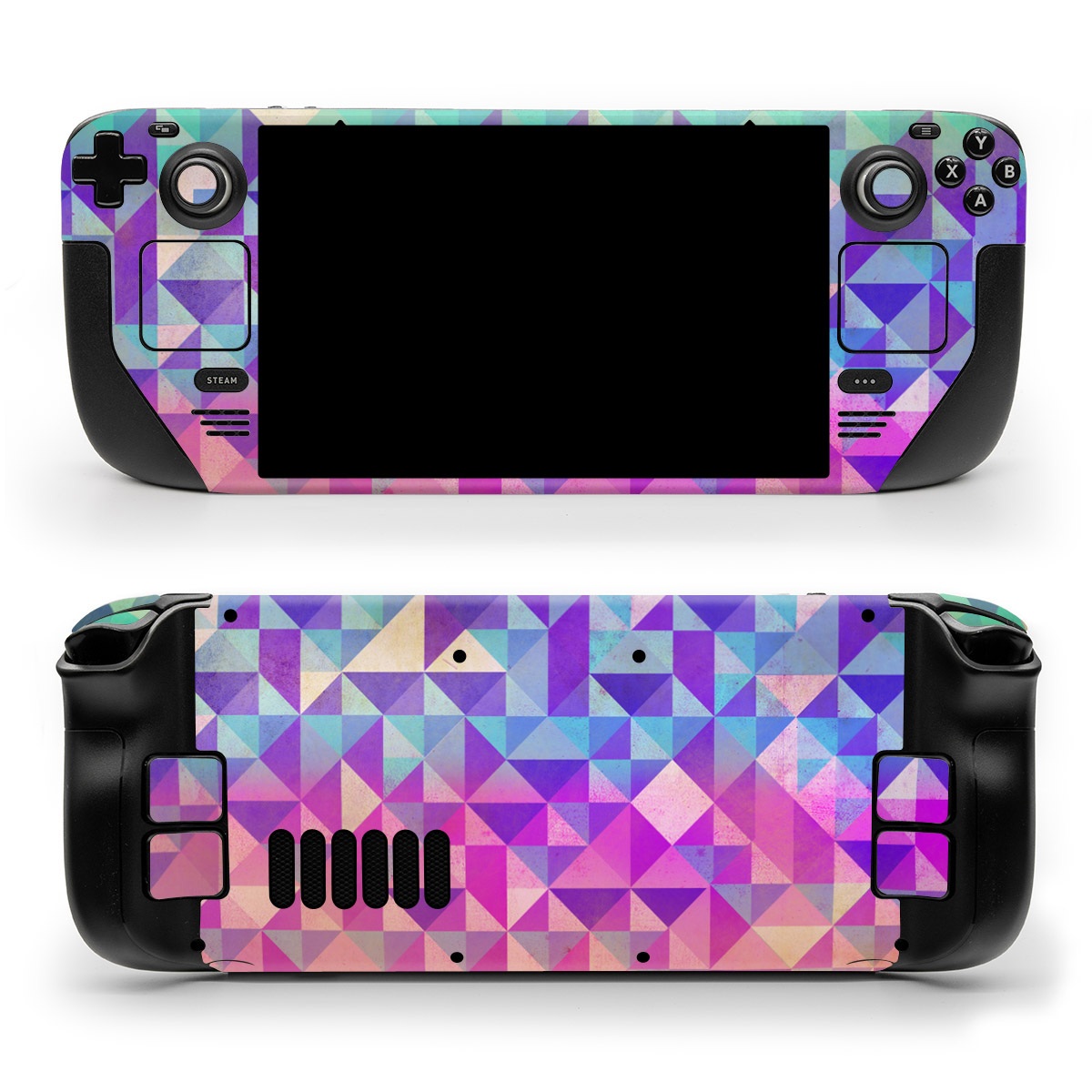 Valve Steam Deck Skin design of Pattern, Purple, Triangle, Violet, Magenta, Line, Design, Symmetry, Psychedelic art, with gray, purple, green, blue, pink colors