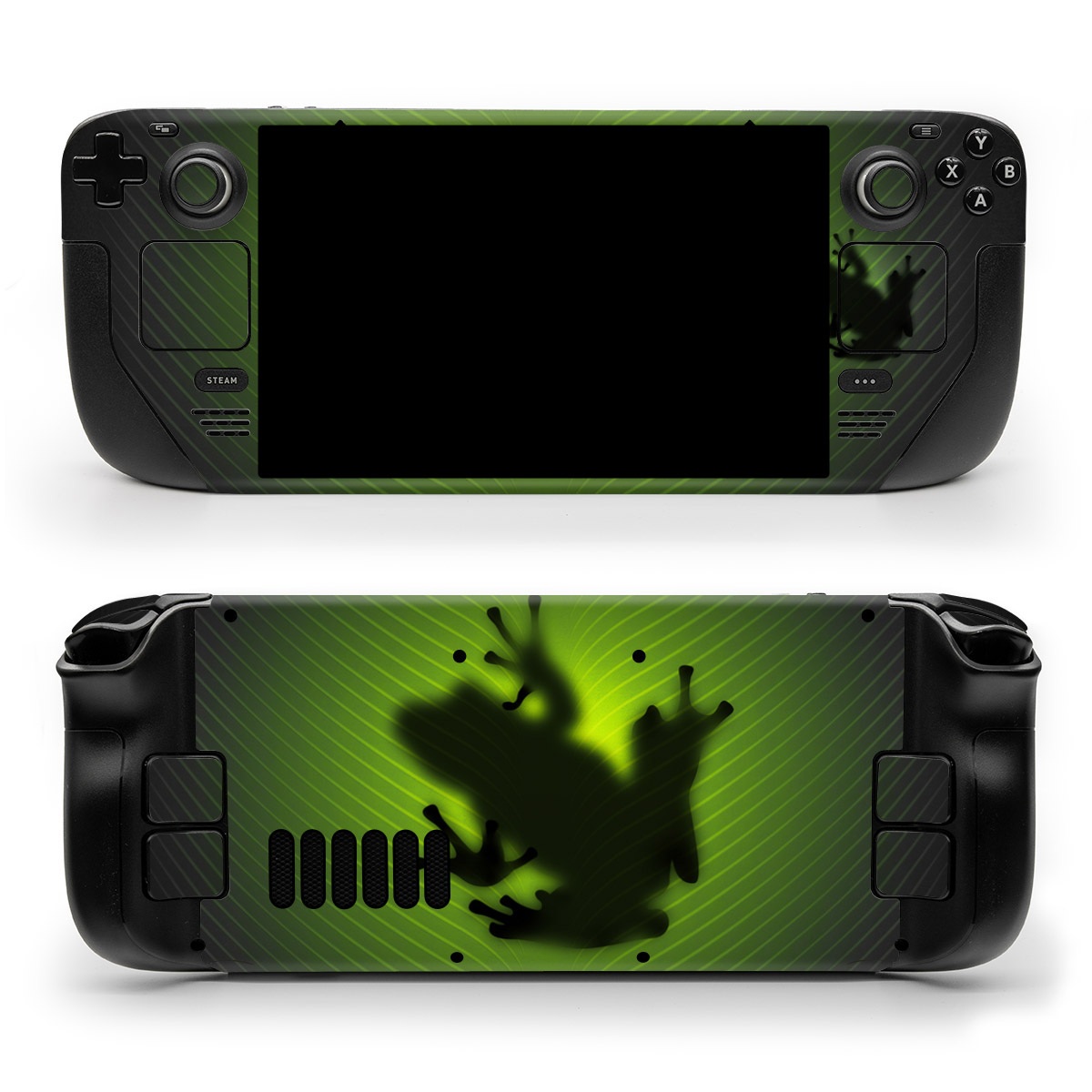 Valve Steam Deck Skin design of Green, Frog, Tree frog, Amphibian, Shadow, Silhouette, Macro photography, Illustration, with green, black colors