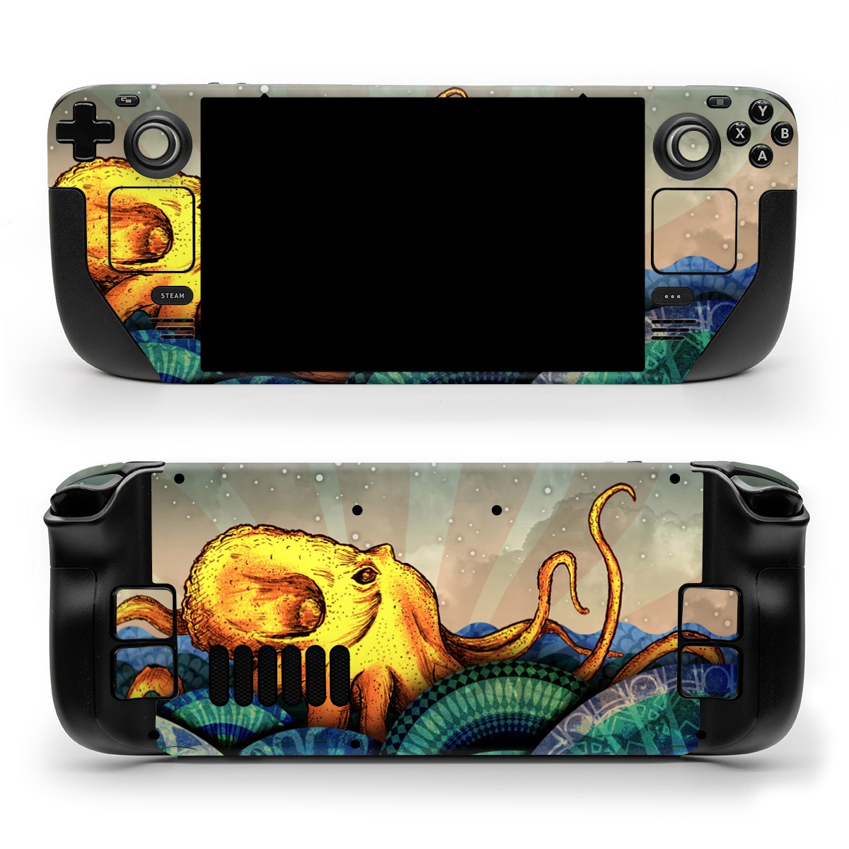 Valve Steam Deck Skin design of Illustration, Fractal art, Art, Cg artwork, Sky, Organism, Psychedelic art, Graphic design, Graphics, Octopus, with black, gray, blue, green, red colors