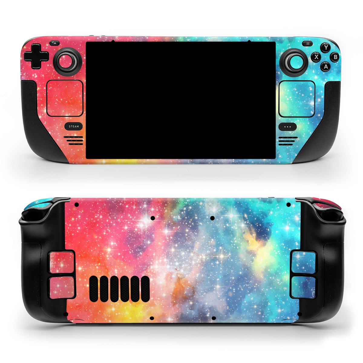 Valve Steam Deck Skin design of Atmosphere, Sky, Nebula, Astronomical object, Galaxy, Atmospheric phenomenon, Star, Art, Science, Space, with black, white, blue, green, red, pink, yellow, orange, gray colors