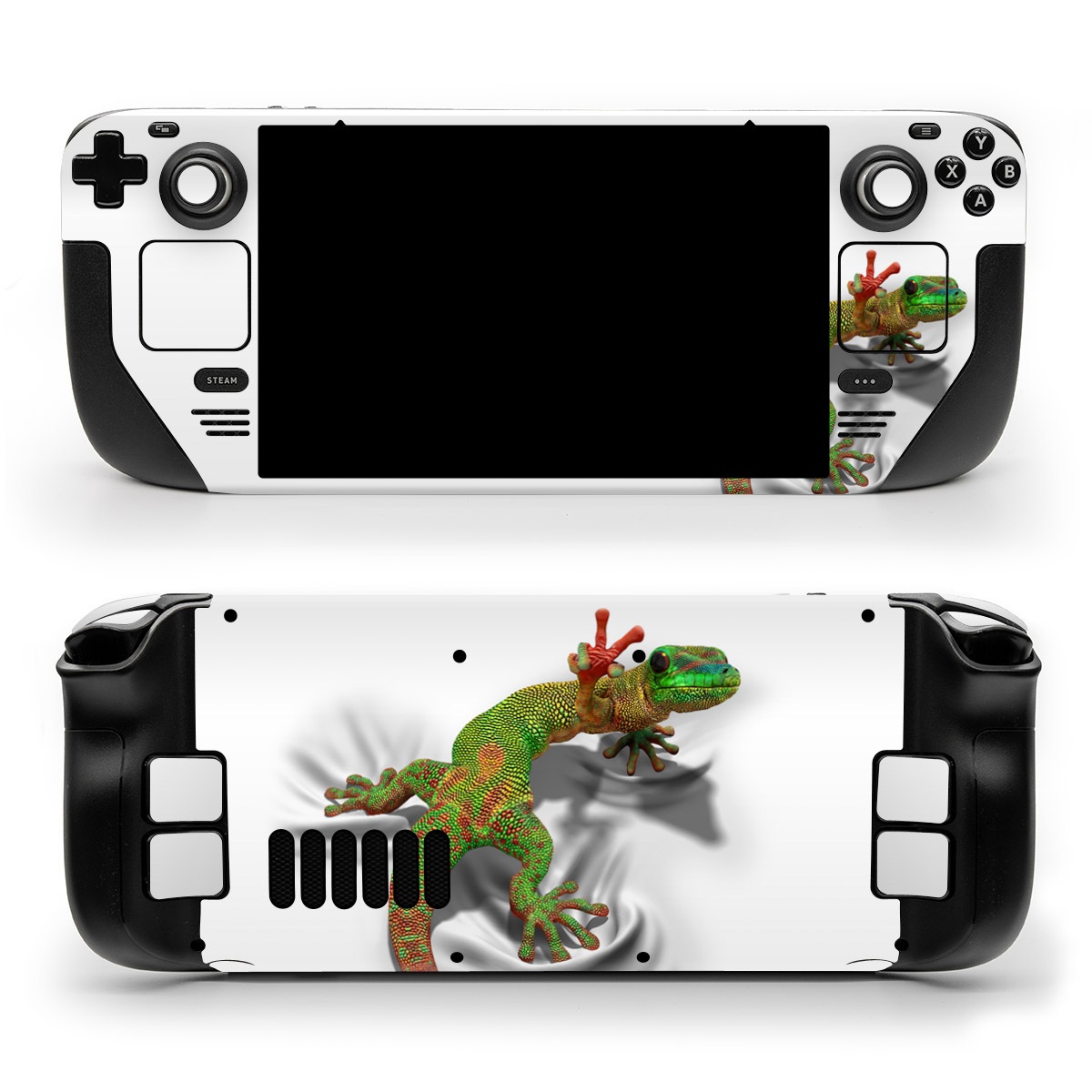 Valve Steam Deck Skin design of Lizard, Reptile, Gecko, Scaled reptile, Green, Iguania, Animal figure, Wall lizard, Fictional character, Iguanidae, with white, gray, black, red, green colors