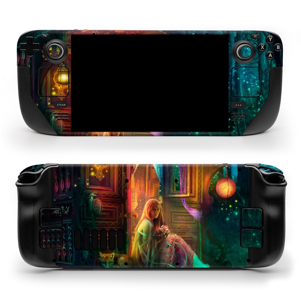 Valve Steam Deck Skin design of Illustration, Adventure game, Darkness, Art, Digital compositing, Fictional character, Games, with black, red, blue, green colors