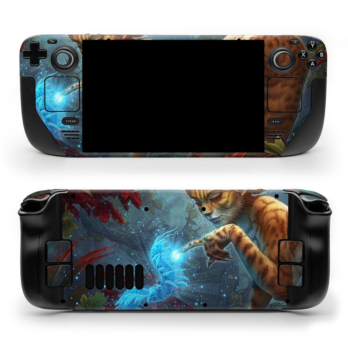 Valve Steam Deck Skin design of Fictional character, Mythology, Illustration, Cg artwork, Sky, Organism, Dragon, Felidae, Mythical creature, Art, with yellow, red, black, green, blue colors