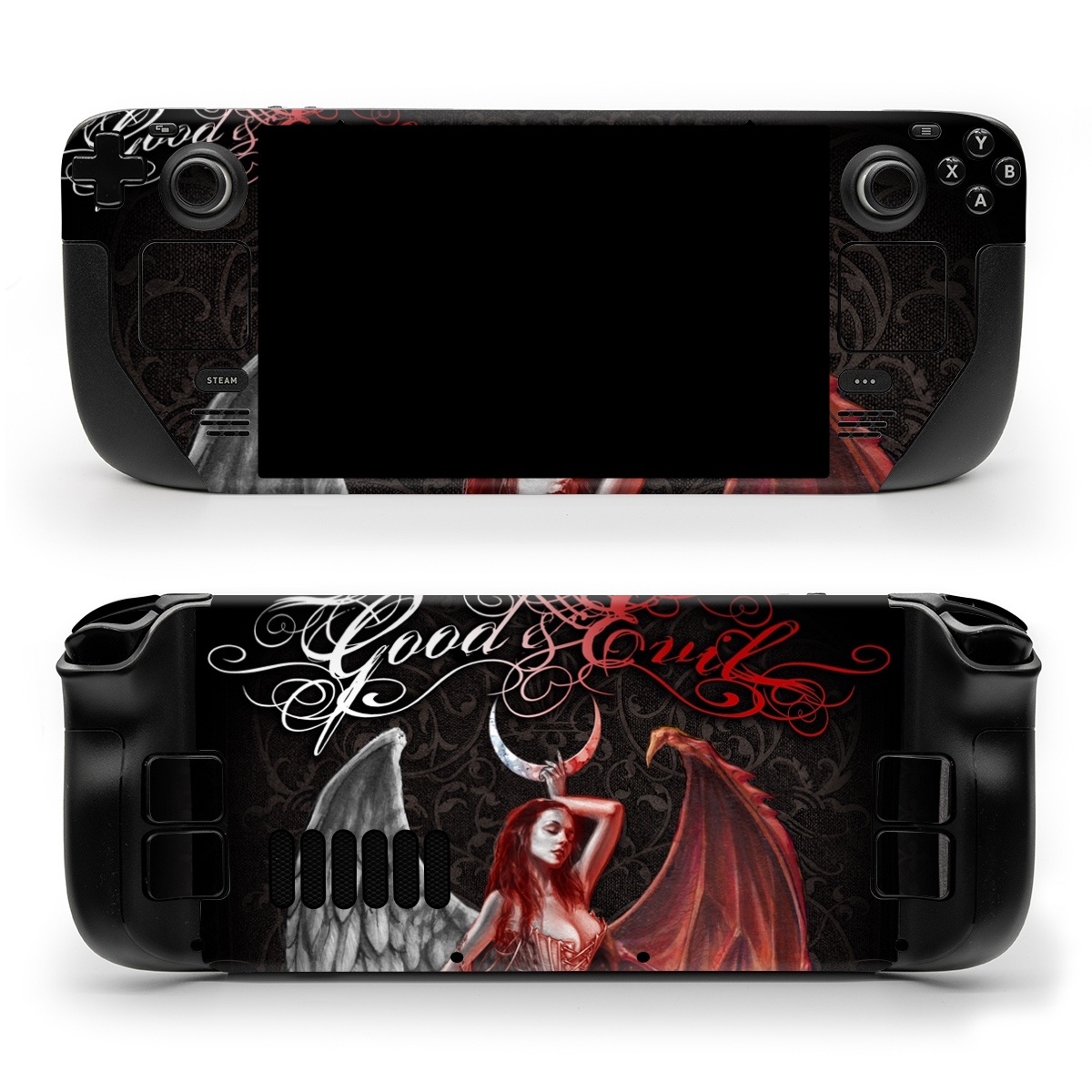 Valve Steam Deck Skin design of Illustration, Fictional character, Graphic design, Supernatural creature, Demon, Cg artwork, Art, Mythology, Angel, Wing, with black, white, red colors