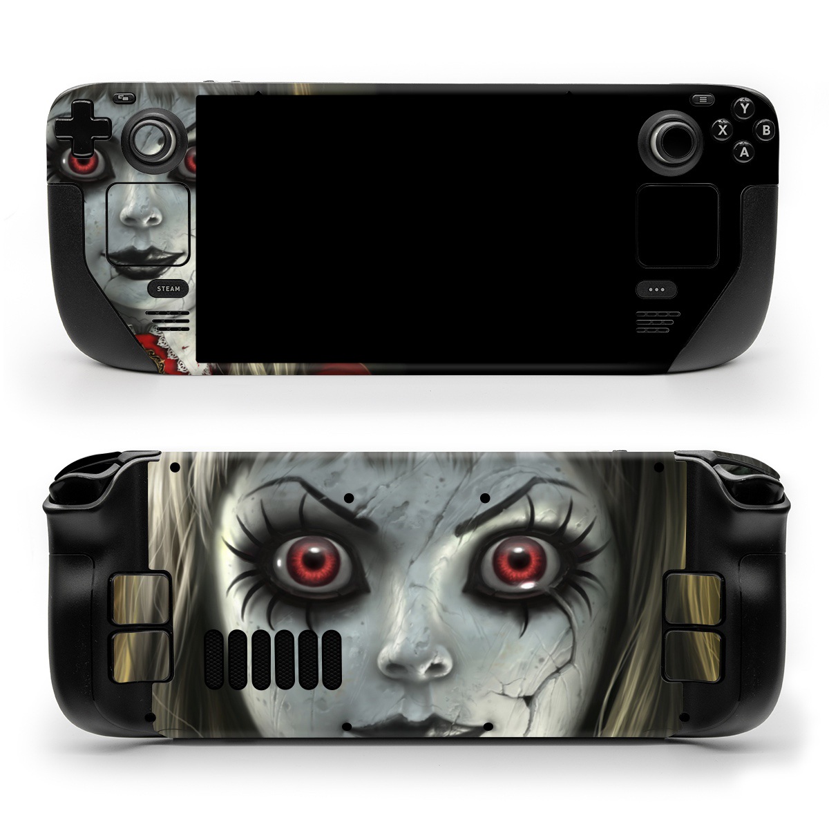Valve Steam Deck Skin design of Fiction, Illustration, Fictional character, Ghost, Darkness, Vampire, Goth subculture, Zombie, Art, Skull, with white, red, black, yellow colors