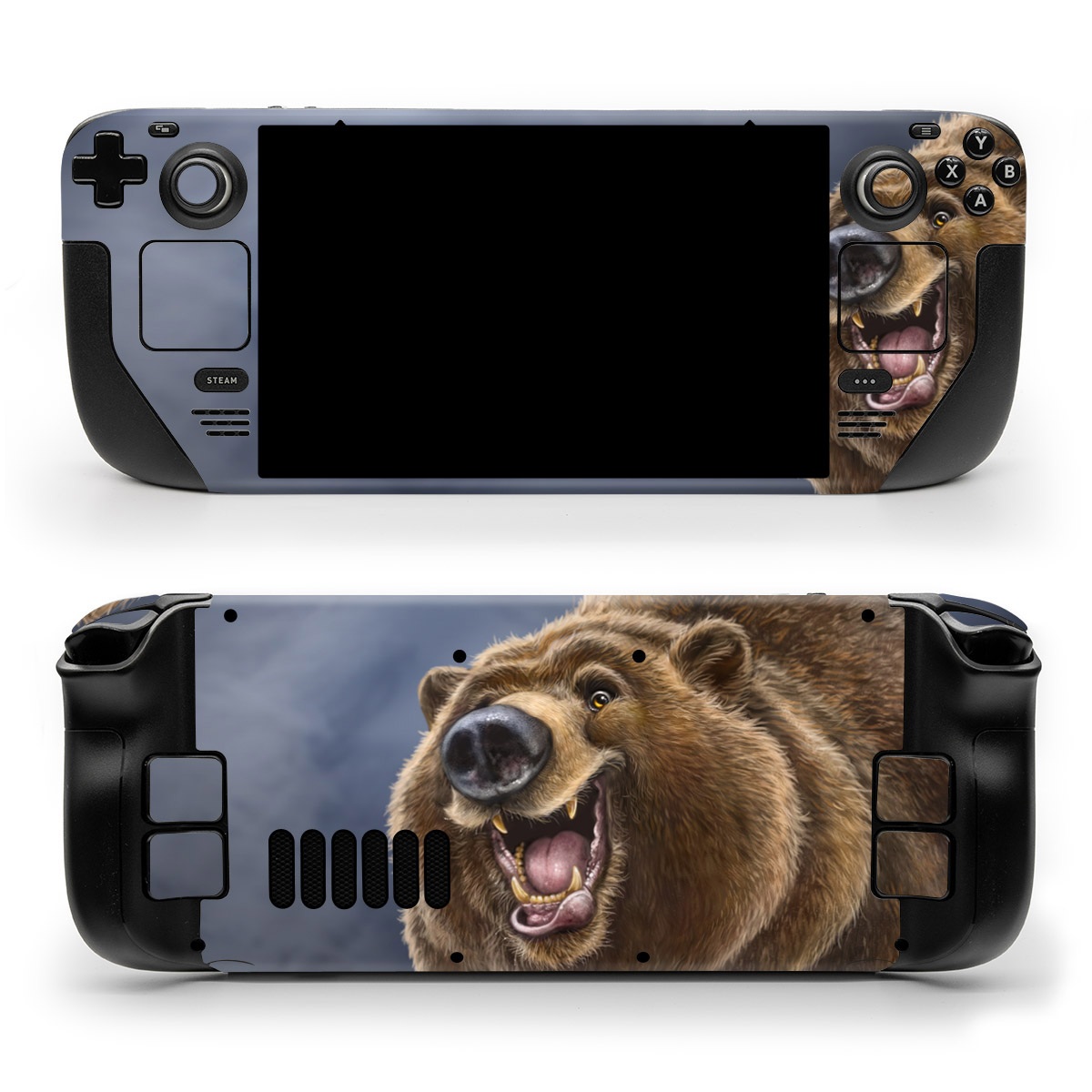 Valve Steam Deck Skin design of Brown bear, Kodiak bear, Carnivore, Grizzly bear, Terrestrial animal, Snout, Bear, Whiskers, Fur, Fang, with brown, black, white, pink, gray colors