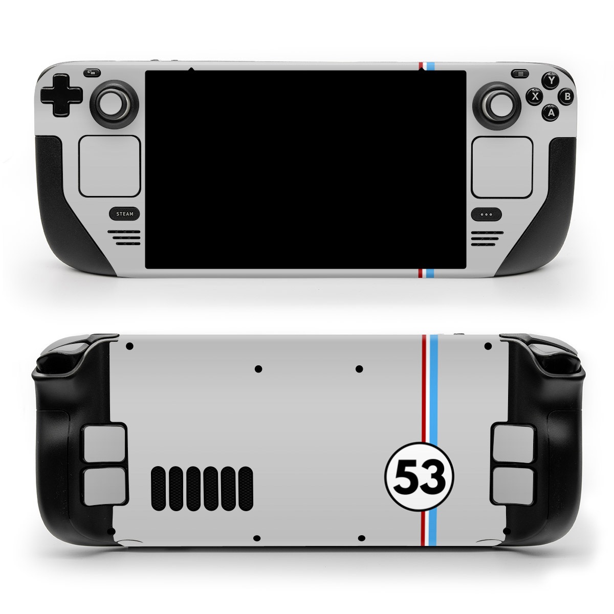 Valve Steam Deck Skin design of Line, Sign, Games, with gray, blue, red, white, black colors