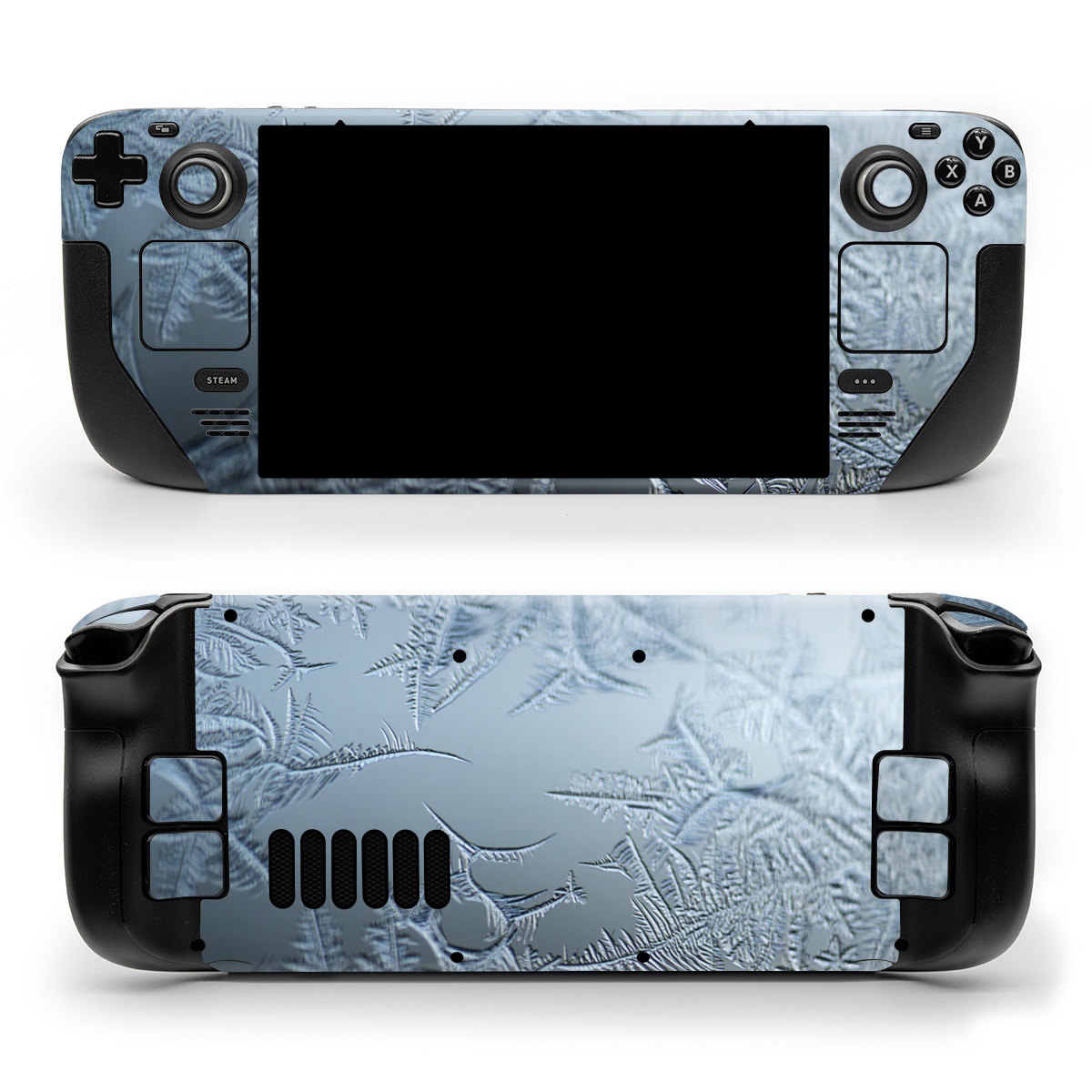 Valve Steam Deck Skin design of Water, Frost, Freezing, Winter, Pattern, Ice, Sky, Atmosphere, Design, Reflection, with blue, gray, white, black colors