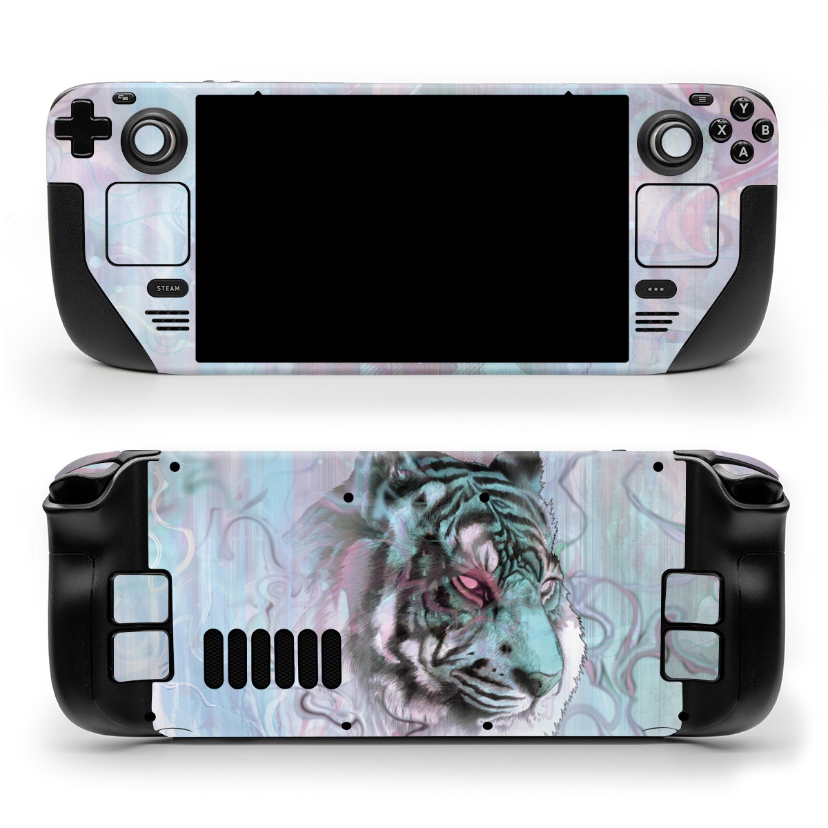 Valve Steam Deck Skin design of Watercolor paint, Illustration, Art, Visual arts, Drawing, Graphic design, Pattern, Painting, Acrylic paint, Fictional character, with gray, purple, black colors