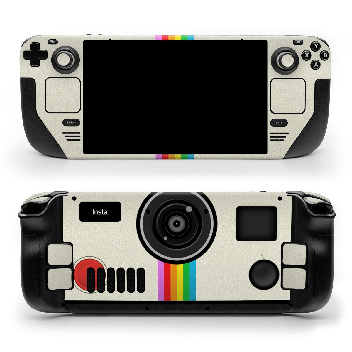 Valve Steam Deck Skin design of Cameras & optics, Camera, Technology, Circle, Electronic device, Electronics, Colorfulness, with gray, black, red colors