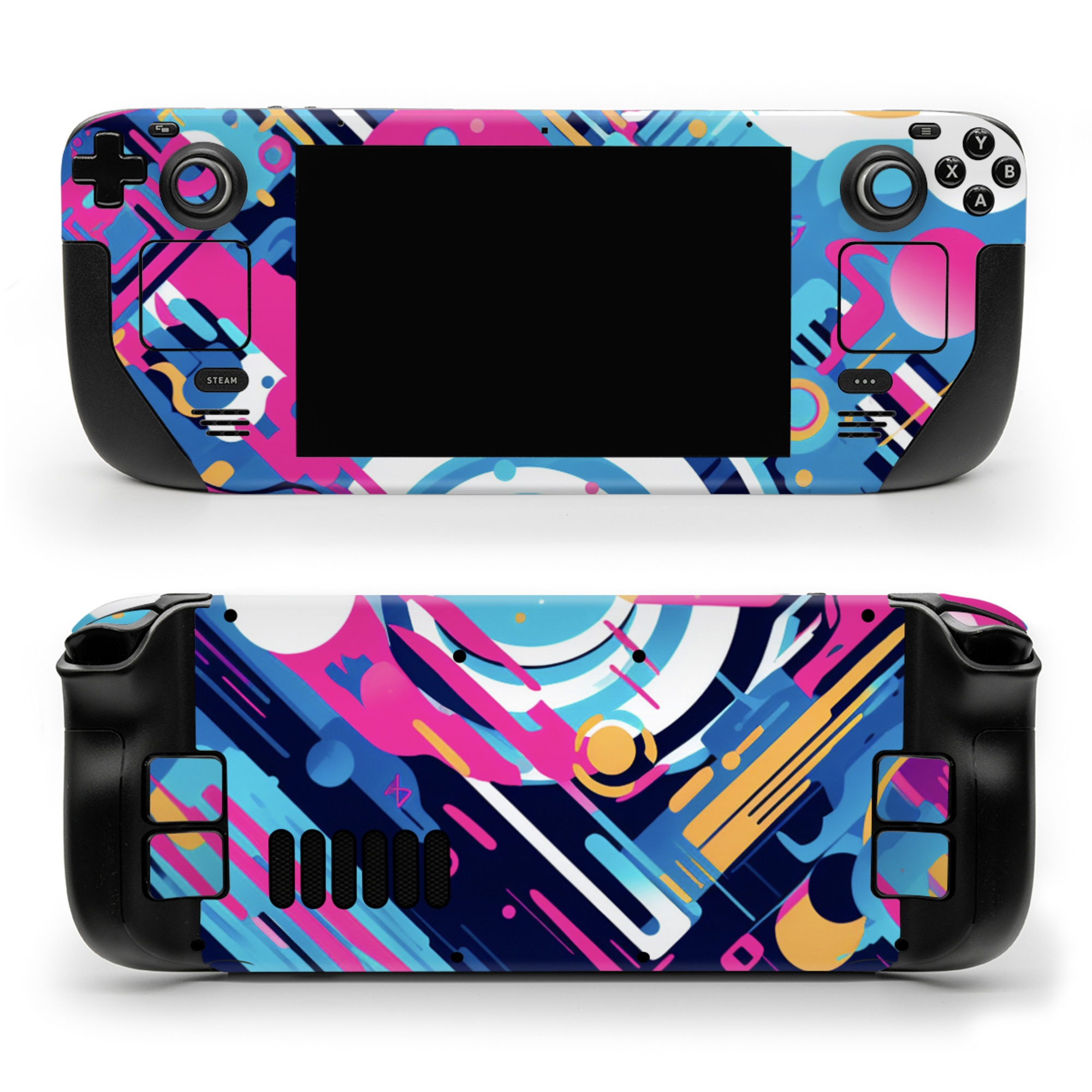 Valve Steam Deck Skin design of Colorfulness, Font, Line, Material property, Art, Magenta, Pattern, Electric blue, Circle, Graphics, with blue, pink, black, white, orange colors