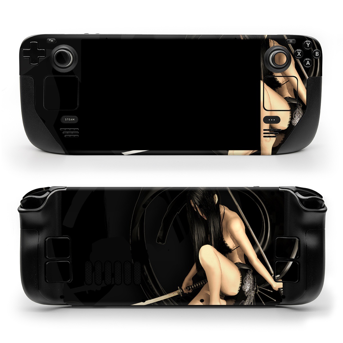 Valve Steam Deck Skin design of Black, Photography, Leg, Black hair, Cg artwork, Darkness, Fetish model, Sitting, Flash photography, with black, yellow, gray, white colors