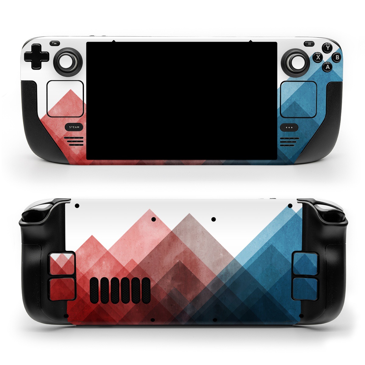 Valve Steam Deck Skin design of Blue, Red, Sky, Pink, Line, Architecture, Font, Graphic design, Colorfulness, Illustration, with red, pink, blue colors