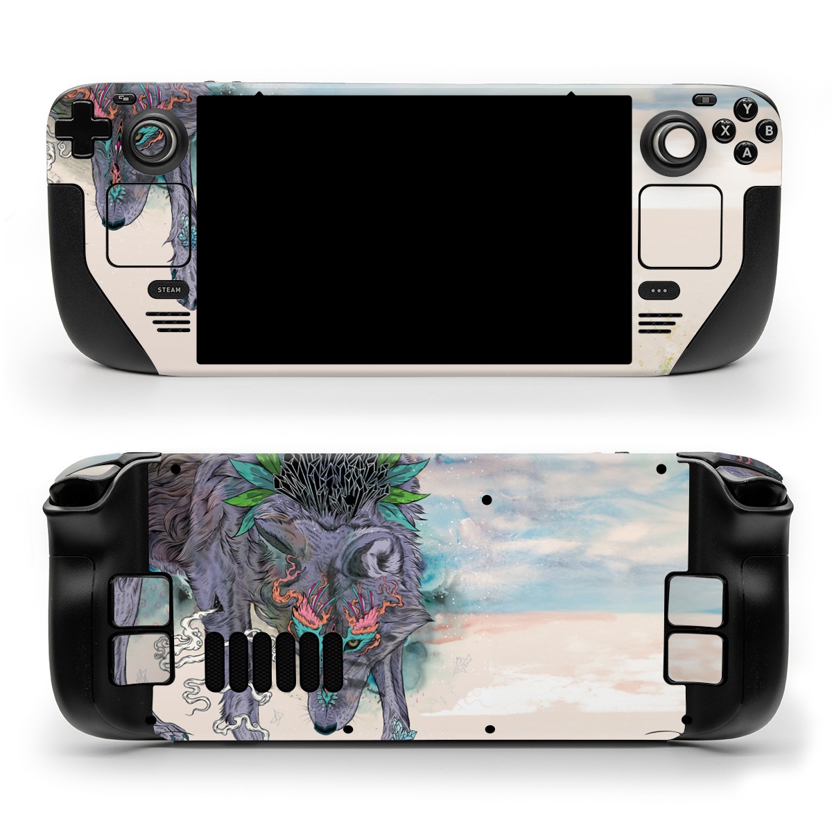 Valve Steam Deck Skin design of Illustration, Boar, Art, Drawing, Fictional character, Sketch, Suidae, with gray, pink, black, blue, yellow colors