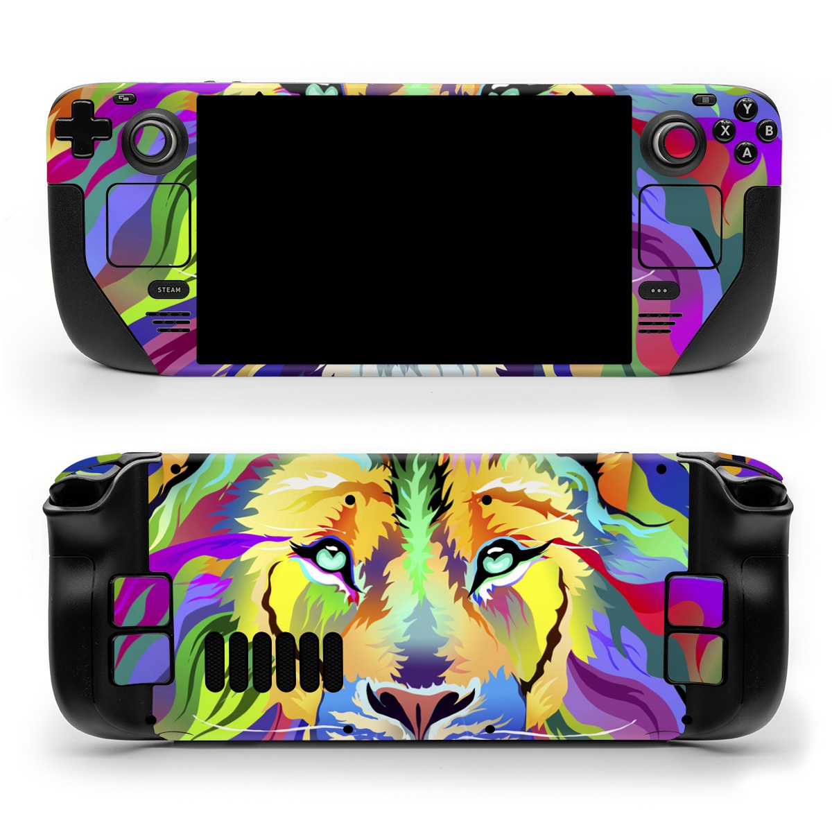 Valve Steam Deck Skin design of Bengal tiger, Felidae, Lion, Wildlife, Big cats, Tiger, Carnivore, Art, Illustration, Painting, with orange, yellow, green, red, pink, blue, purple colors