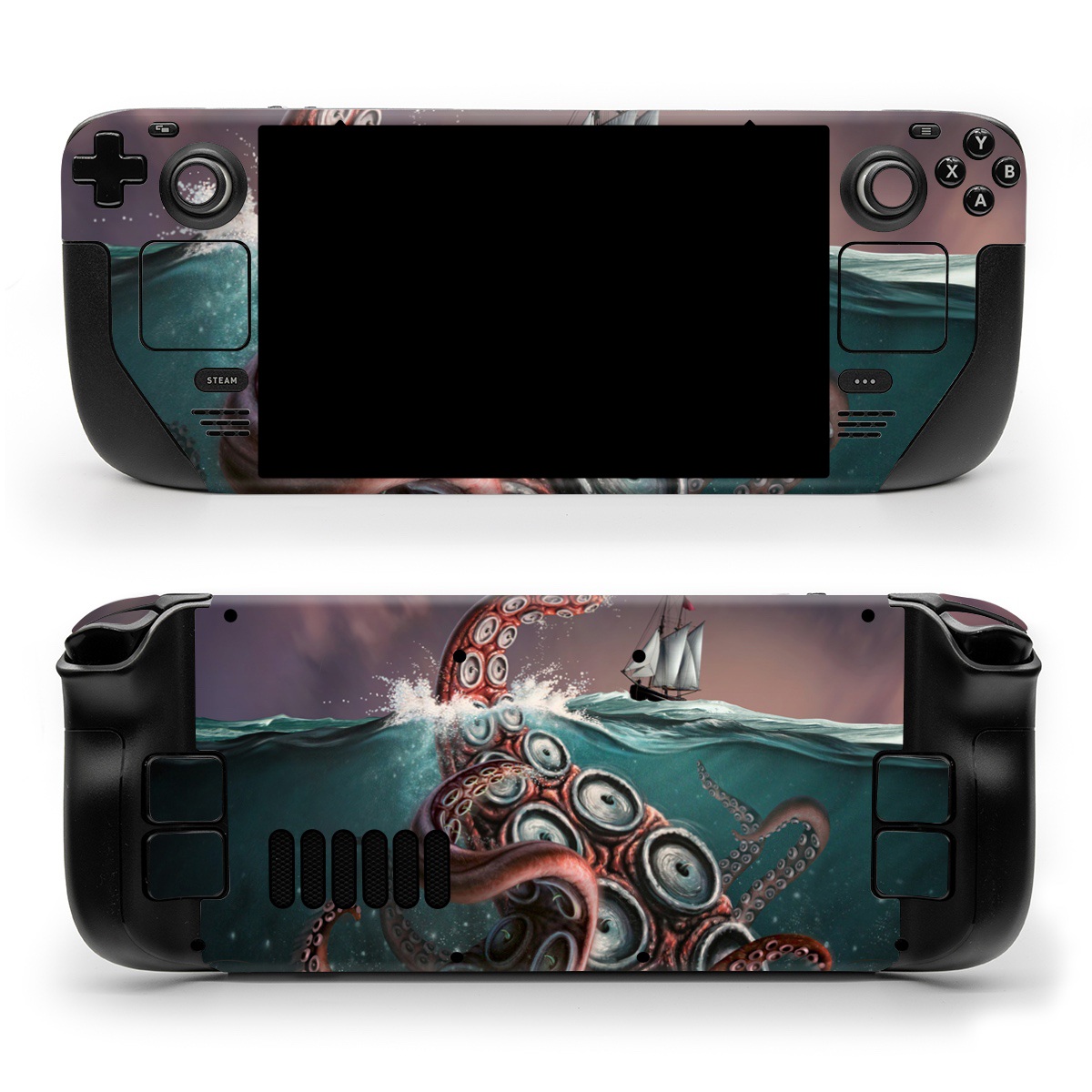 Valve Steam Deck Skin design of Octopus, Water, Illustration, Wind wave, Sky, Graphic design, Organism, Cephalopod, Cg artwork, giant pacific octopus, with blue, gray, white, brown, red colors