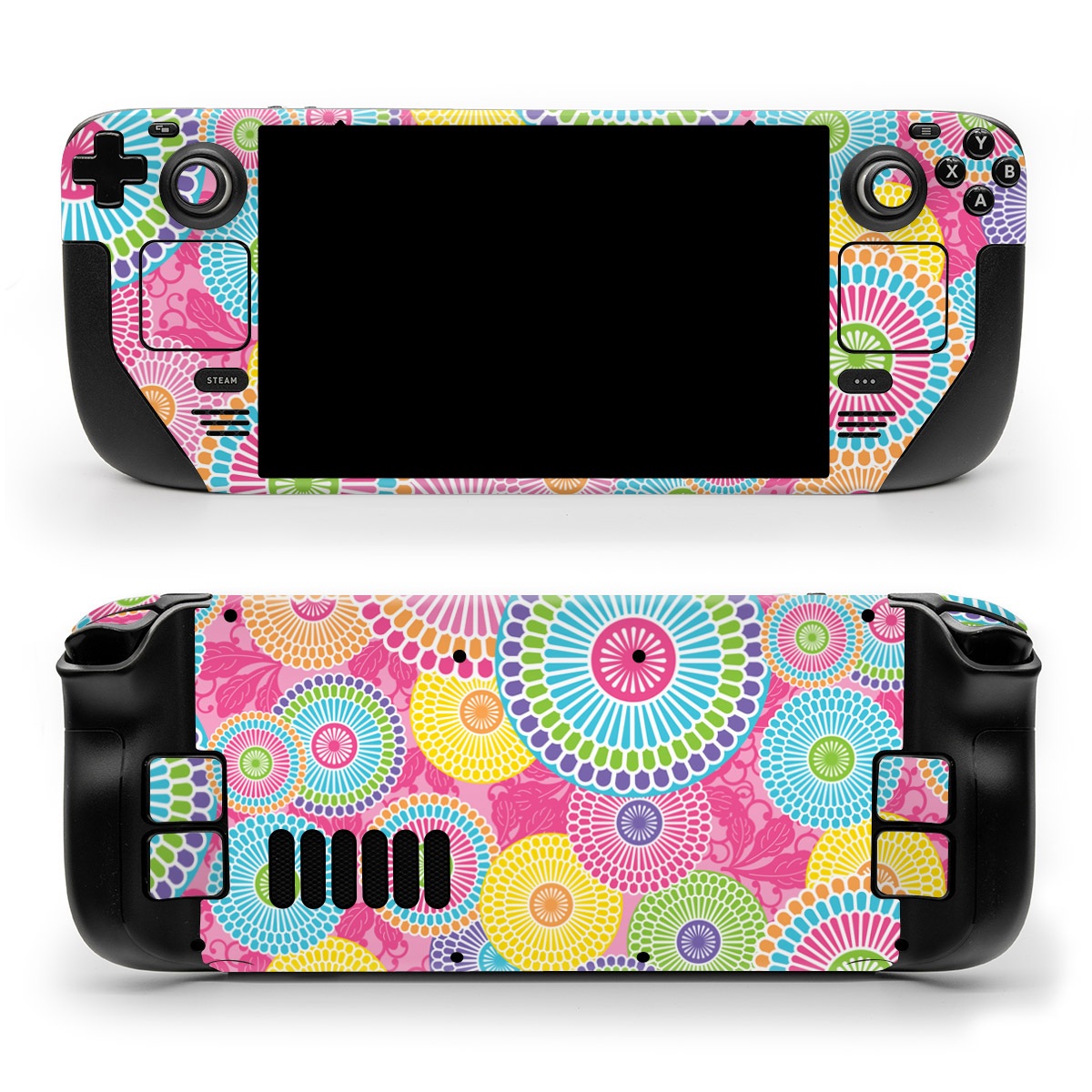 Valve Steam Deck Skin design of Pattern, Circle, Textile, Design, Visual arts, Wrapping paper, with gray, pink, purple, orange, blue, green colors