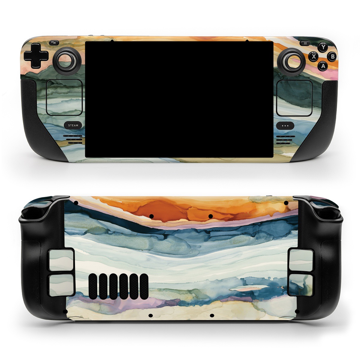 Valve Steam Deck Skin design of Watercolor paint, Painting, Sky, Wave, Geology, Landscape, Pattern, Acrylic paint, Cloud, Paint, with blue, purple, orange, yellow, red, green, brown colors