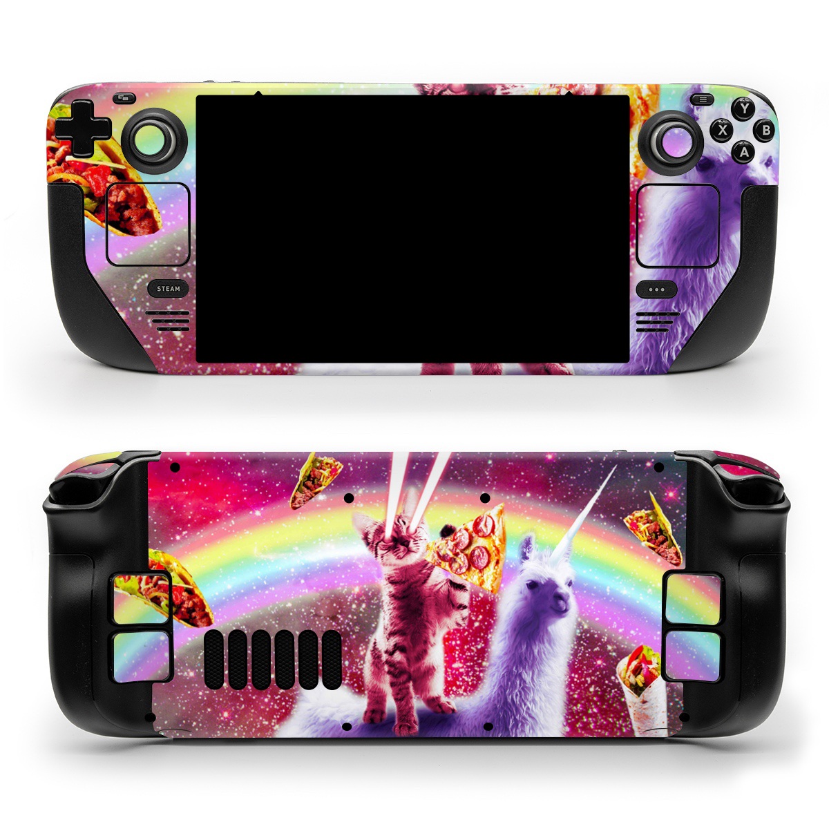 Valve Steam Deck Skin design of Llama, Unicorn, Fictional character, Illustration, Graphic design, Livestock, Camelid, Mythical creature, Graphics, Art, with red, white, yellow, gray, purple, blue, green colors