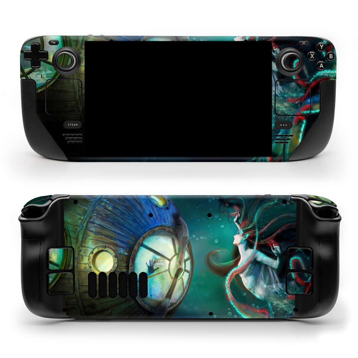 Valve Steam Deck Skin design of Cg artwork, Illustration, Art, Fictional character, Fiction, Space, Fractal art, Graphic design, Mythology, Graphics, with black, gray, blue, green colors