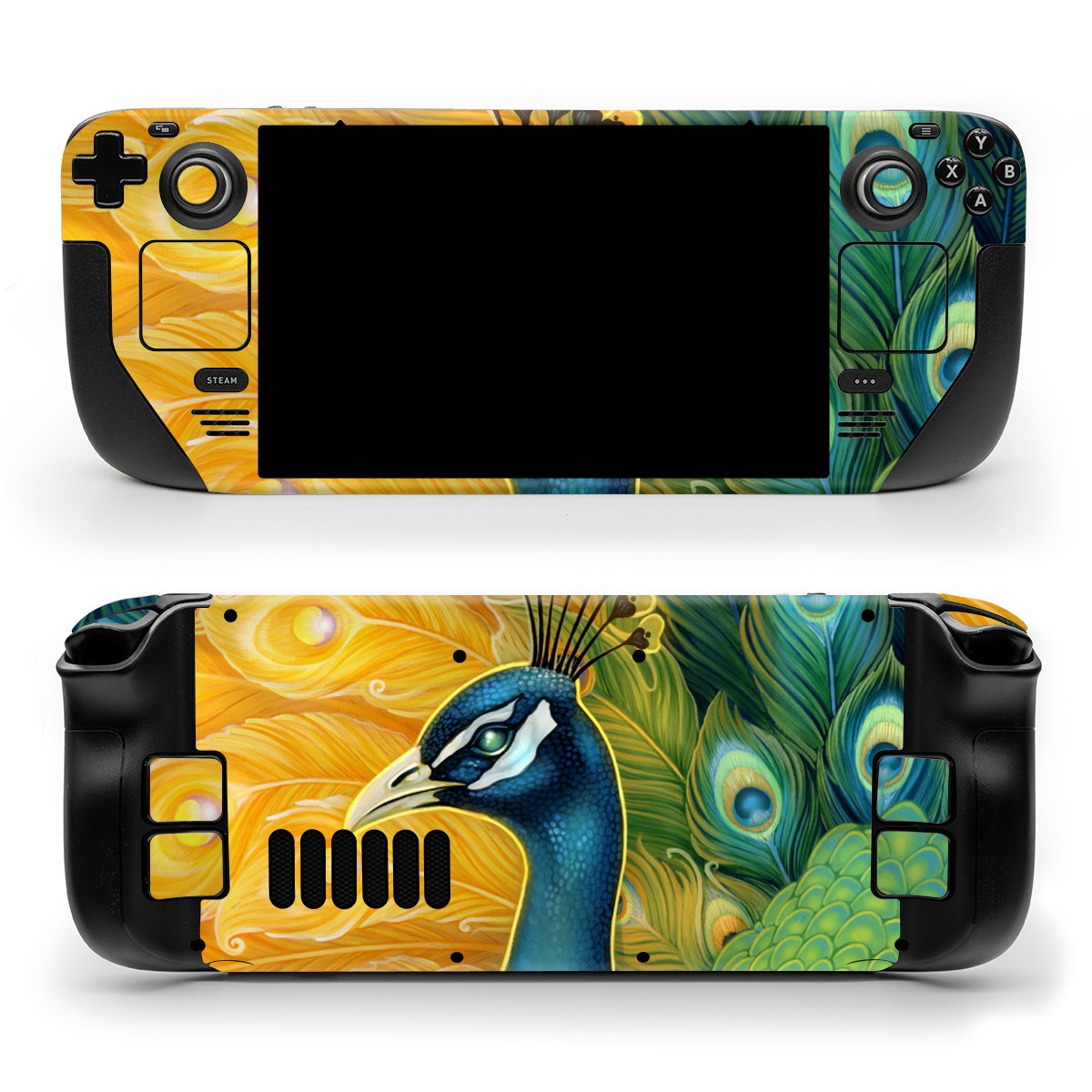 Valve Steam Deck Skin design of Bird, Peafowl, Phasianidae, Beak, Organism, Art paint, Galliformes, Art, Feather, Painting, with yellow, orange, green, blue, white, black colors