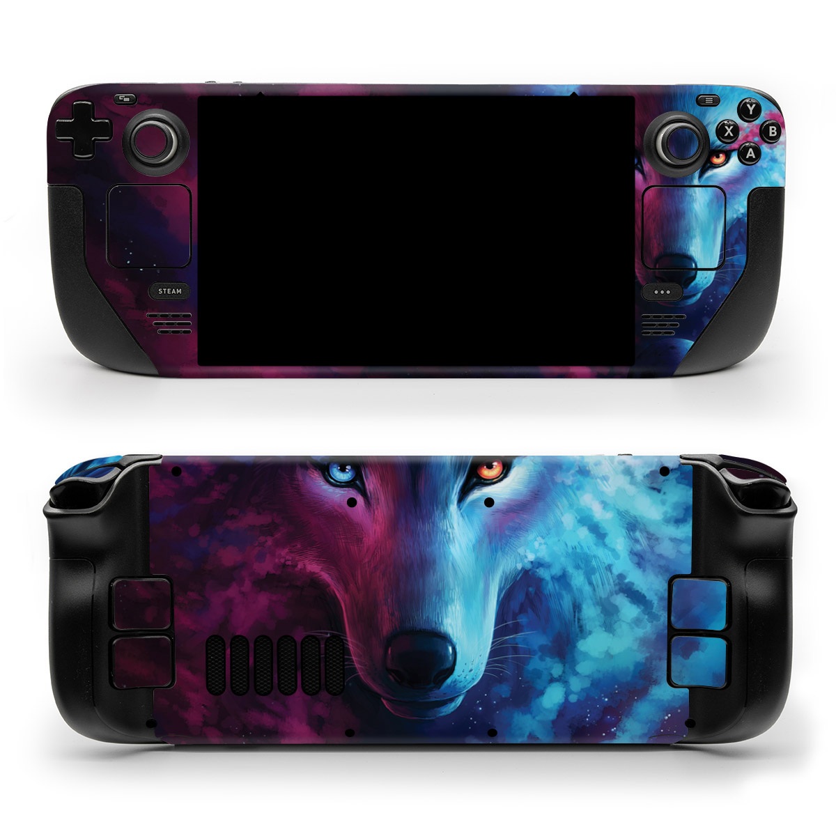 Valve Steam Deck Skin design of Dog, Carnivore, Organism, Iris, Painting, Art, Whiskers, Cg artwork, Electric blue, Space, with black, blue, purple, red colors
