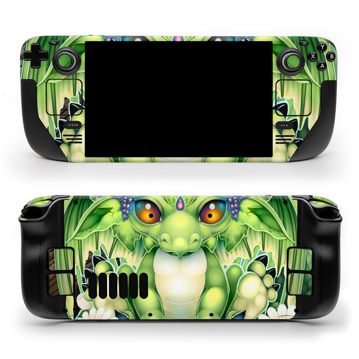 Valve Steam Deck Skin design of Plant, Green, Leaf, Natural environment, Flower, Terrestrial plant, Grass, Creative arts, People in nature, Art, with green, white, yellow, brown, blue colors