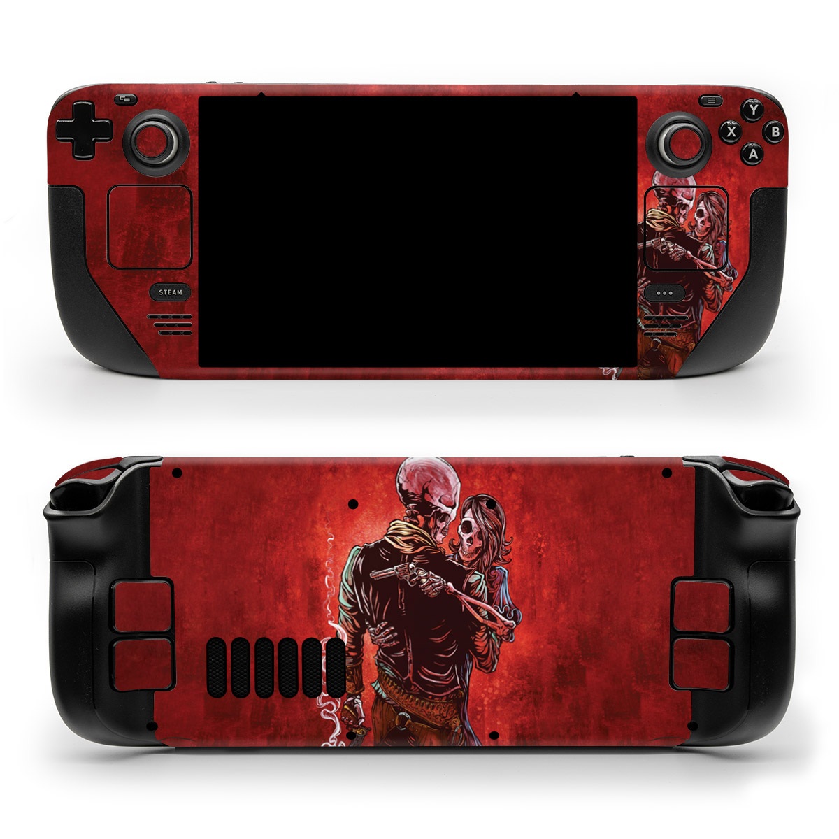 Valve Steam Deck Skin design of Sleeve, Gesture, Painting, Art, Artist, Fictional character, Drawing, Paint, Illustration, Visual arts, with red, black, white, gray, brown colors