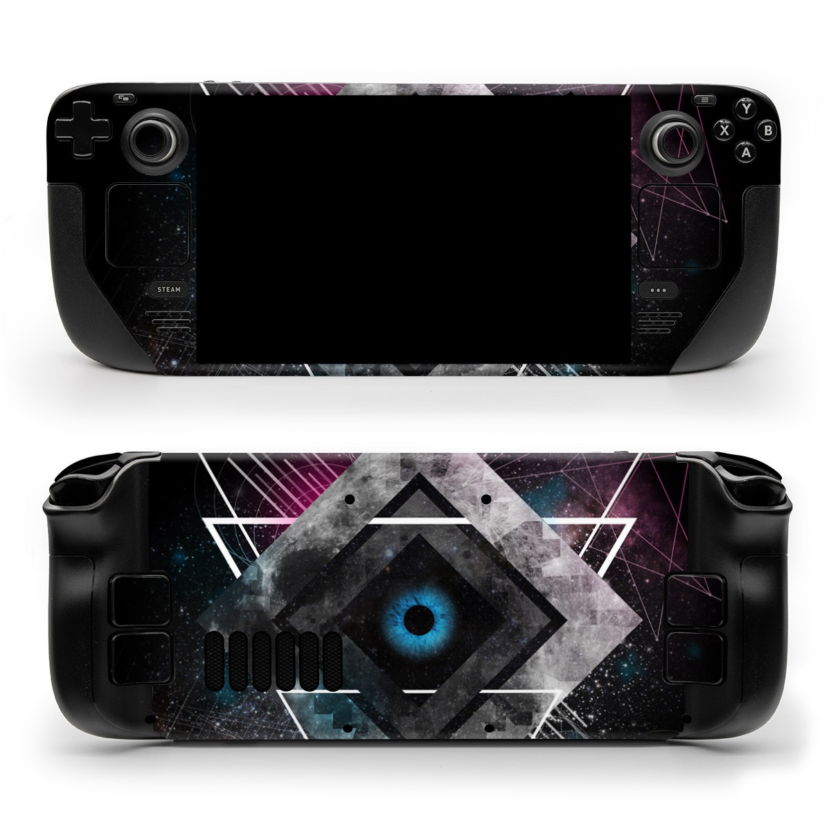 Valve Steam Deck Skin design of Graphic design, Design, Pattern, Graphics, Illustration, Font, Circle, Triangle, Fractal art, Logo, with black, gray colors
