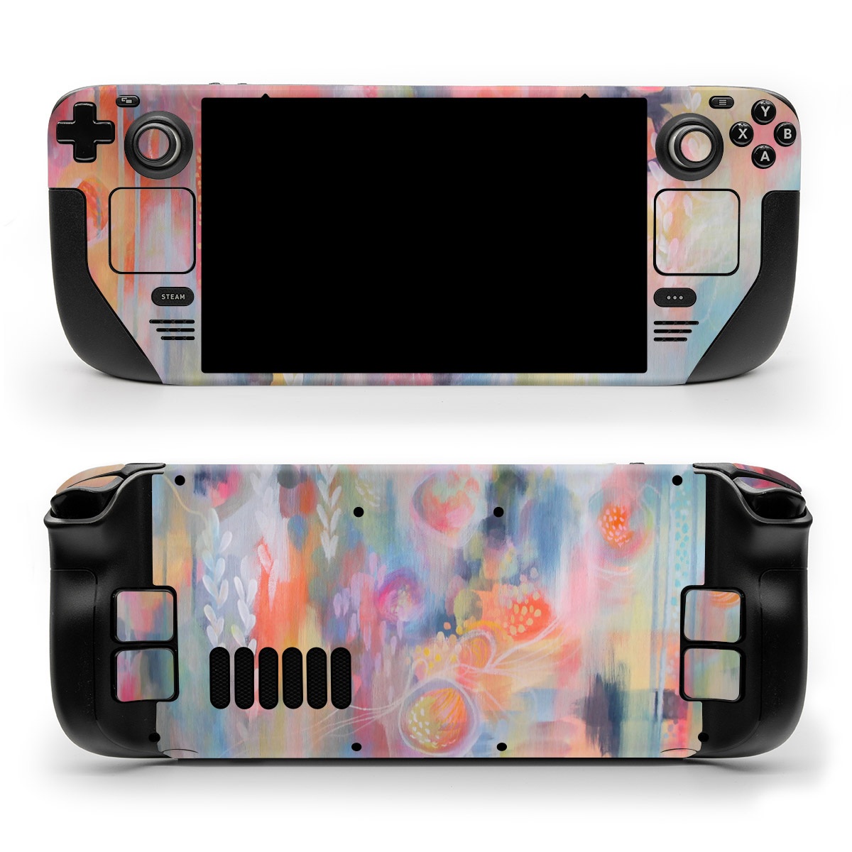 Valve Steam Deck Skin design of Painting, Watercolor paint, Modern art, Acrylic paint, Art, Visual arts, Paint, Artwork, Dye, with blue, pink, orange, yellow, red, white colors